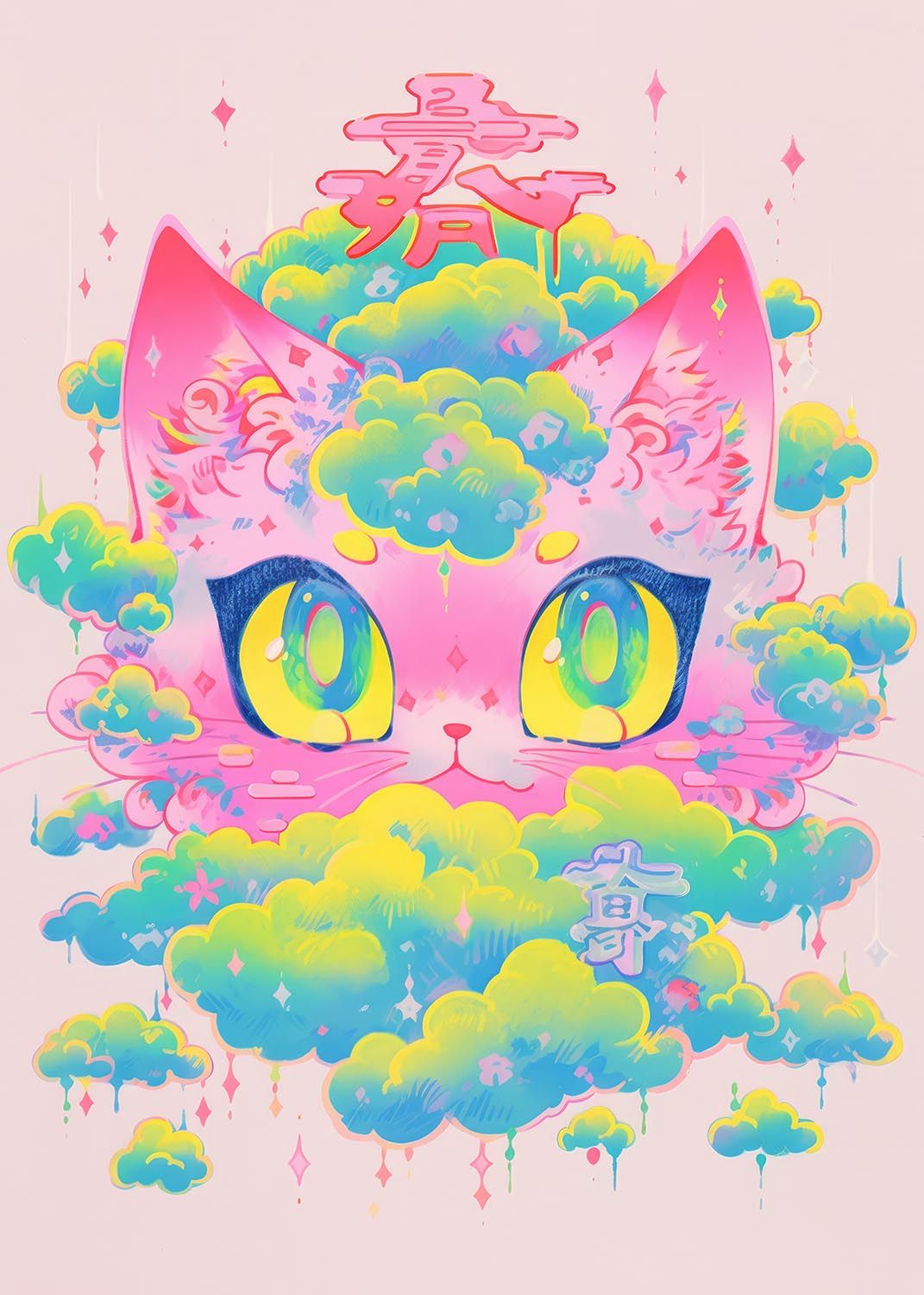 1071x1500 Risograph Print Of Japanese Bobtail Cat 3 Tone Artwork