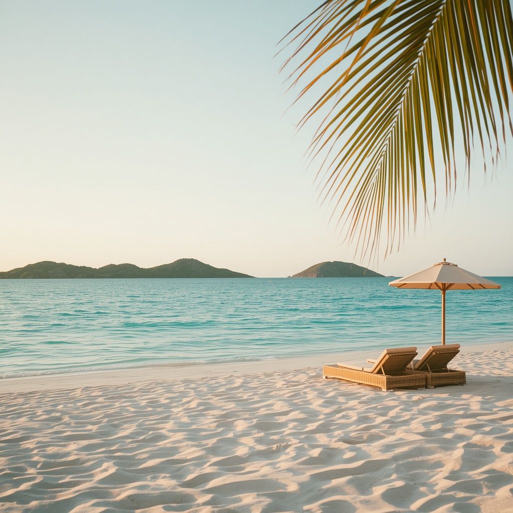 1024x1024 cinematic editorial beach scene golden hour isla