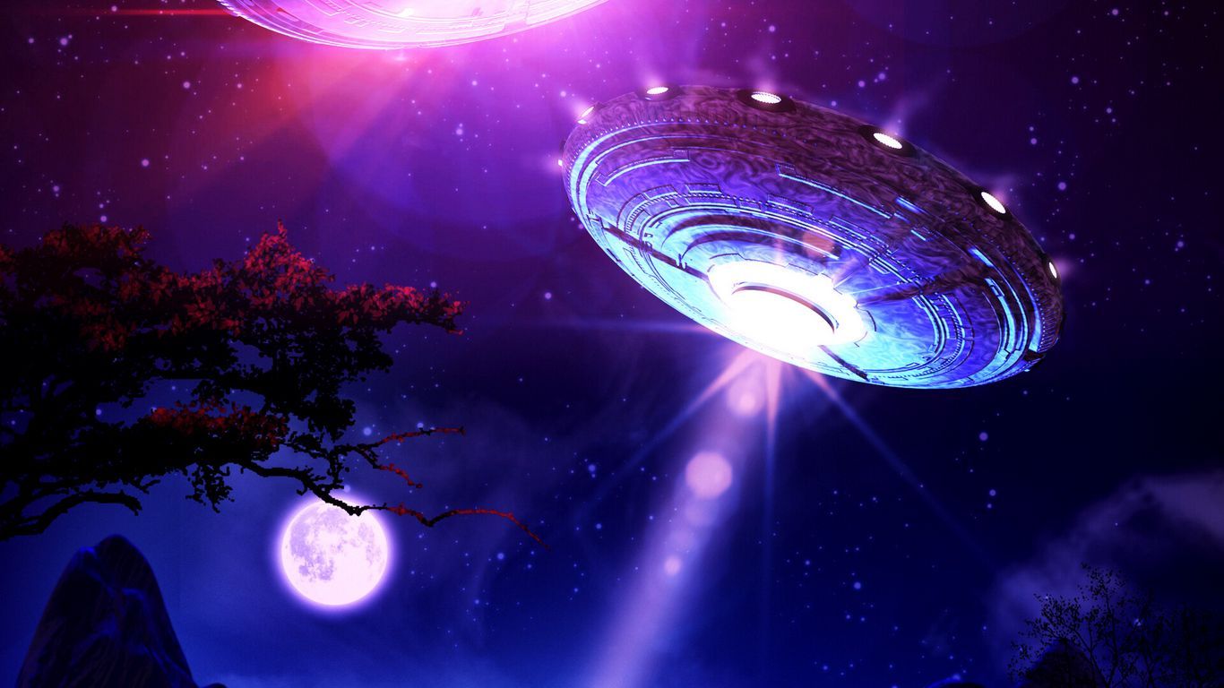 1366x768 Download wallpaper 1366x768 ufo, aliens, night, glow, light tablet, laptop HD background