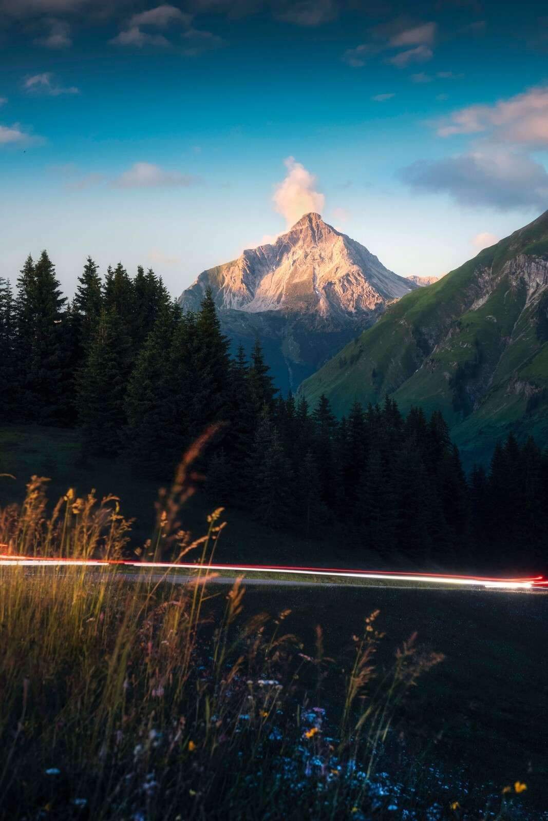 1067x1600 Wallpaper Mural light on alpine peak with flower field