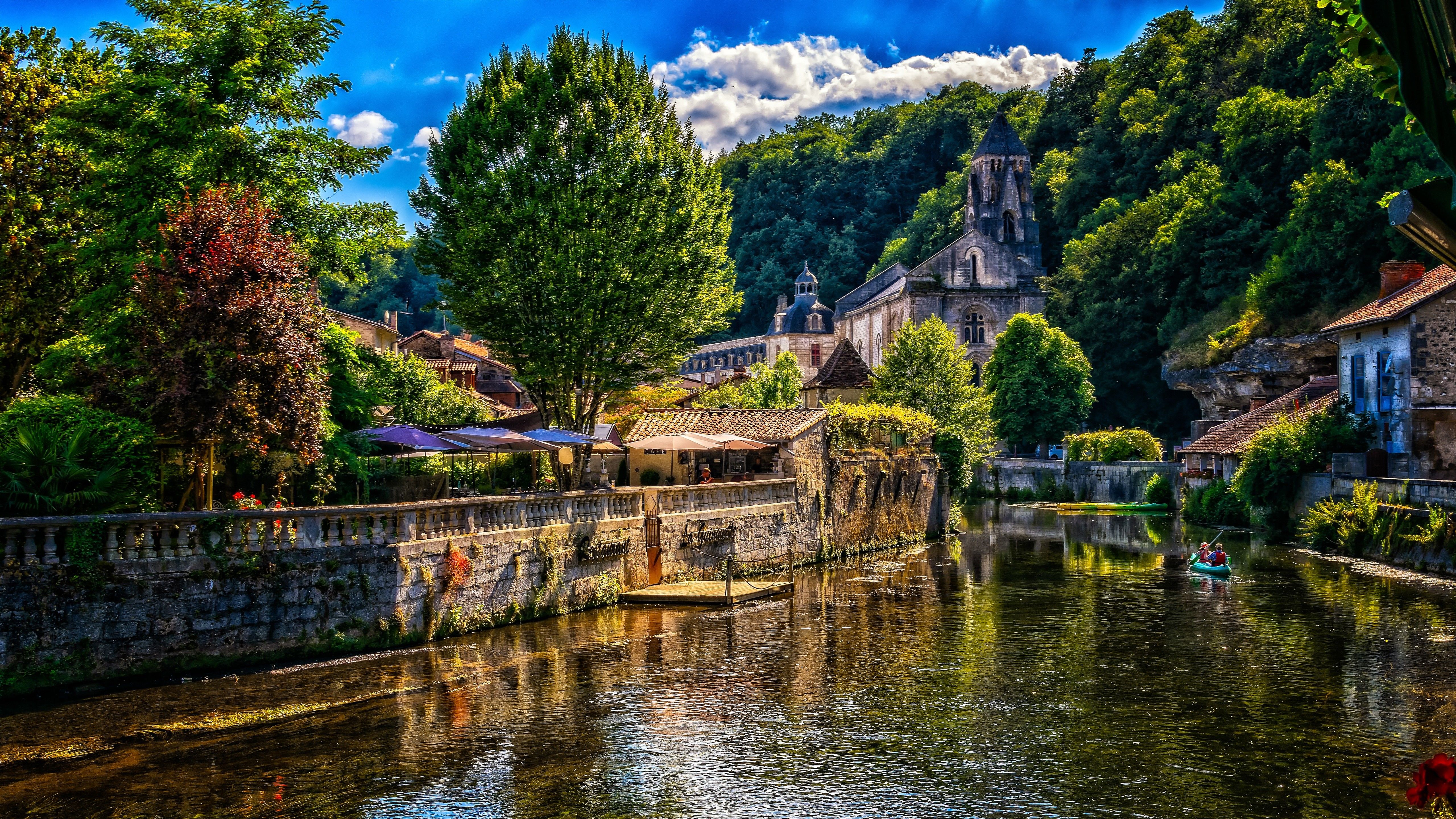 5120x2880 France Brantome Dromme River Village Blue Sky Scenery Background 4K 5K HD Travel Wallpaper