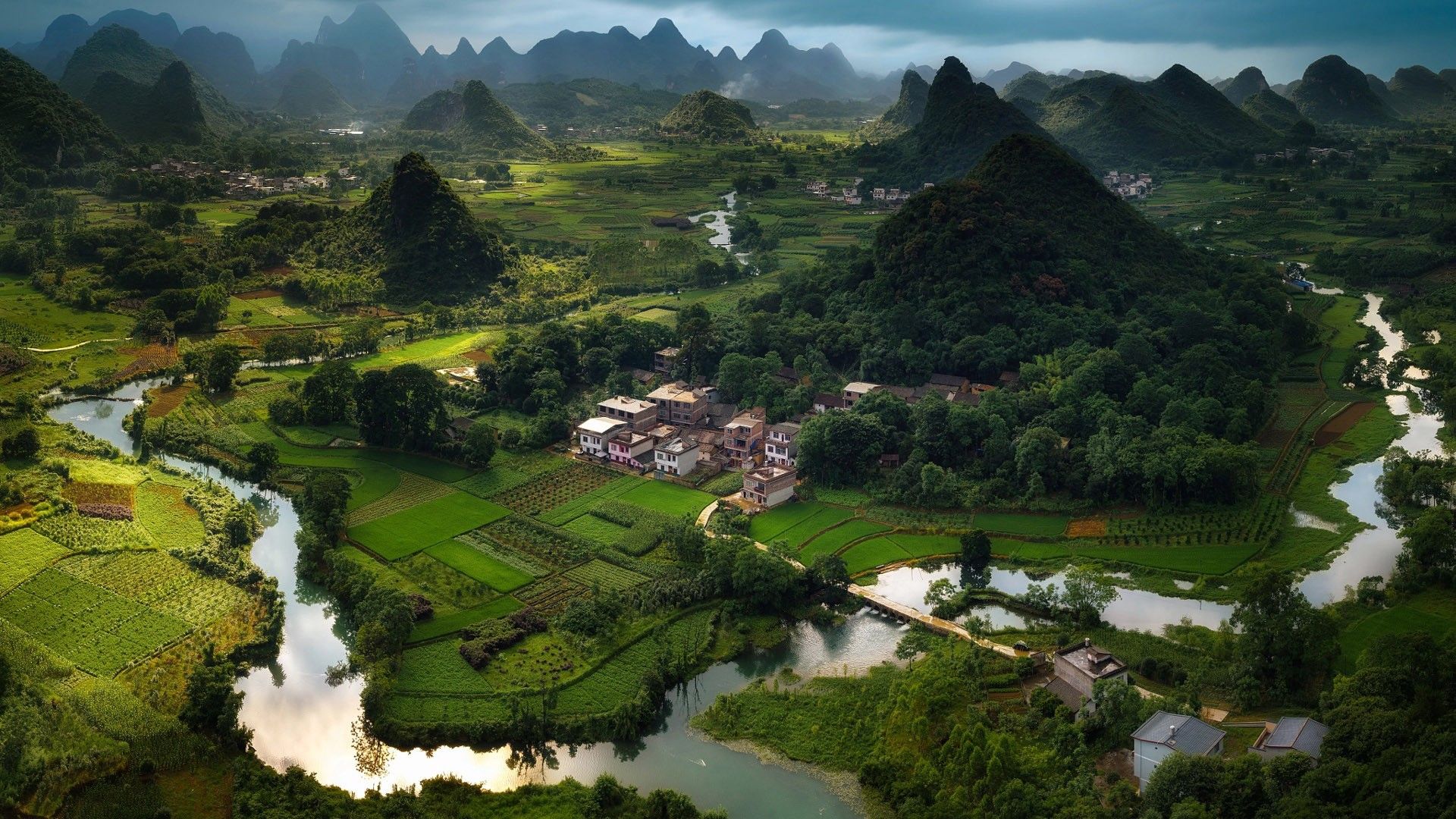 1920x1080 Aerial View Of Green Trees Bushes Farm Grass Village River Photography HD Photography Wallpaper
