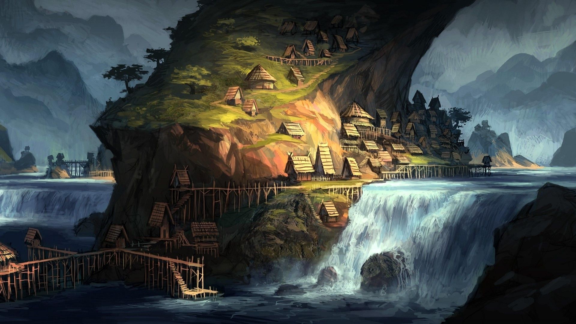 1920x1080 artwork, Fantasy Art, Village, Villages, House, Waterfall, River, Water, Hill Wallpaper HD / Desktop and Mobile Background