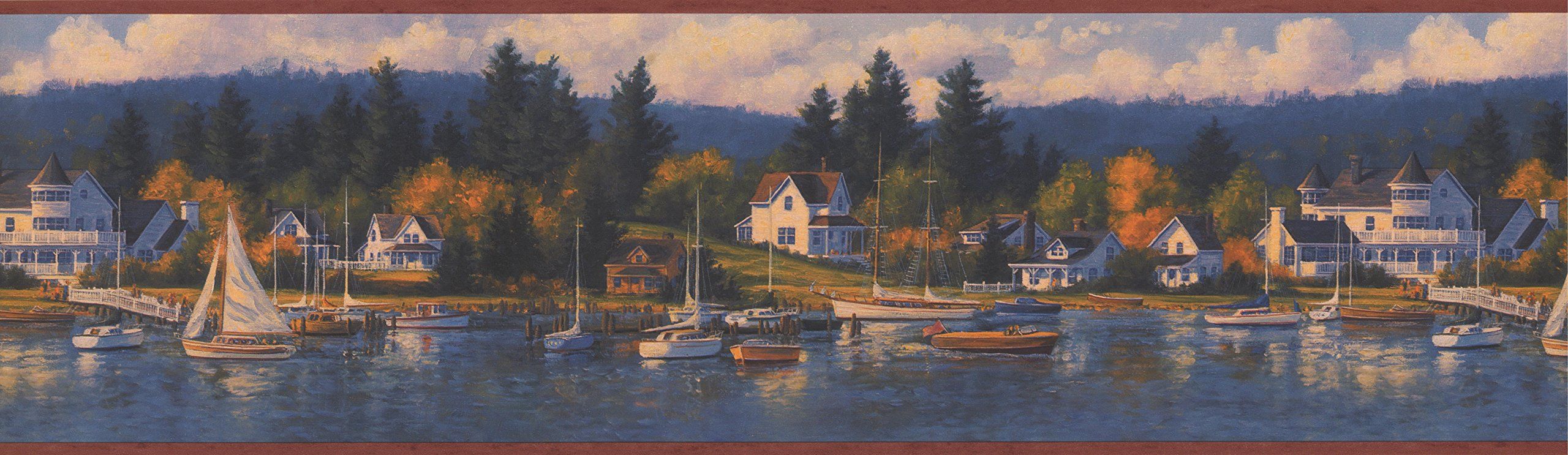 2560x743 Village by the River Yacht Club Marina Forest Retro Wallpaper Border Paint by Design, Roll 15' x 7''