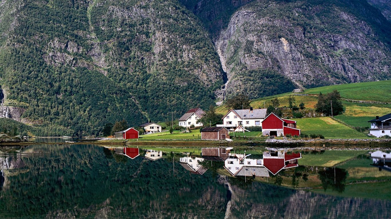 1366x768 Norway Village Lake Reflection Europe Travel Pphotography Wallpaper