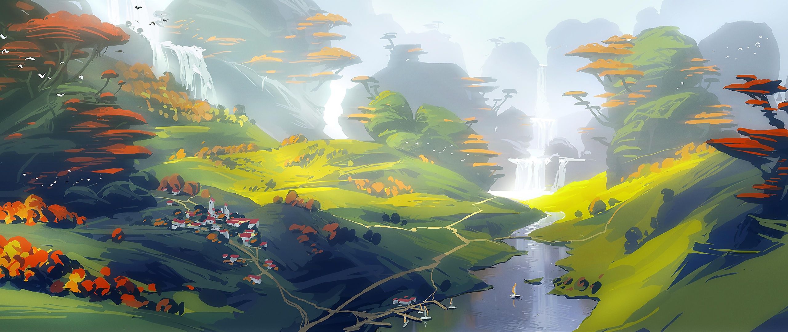 2560x1080 Wallpaper river, trees, nature, art, mountain, waterfall, village, painting for mobile and desktop, section арт, resolution 2560x1080