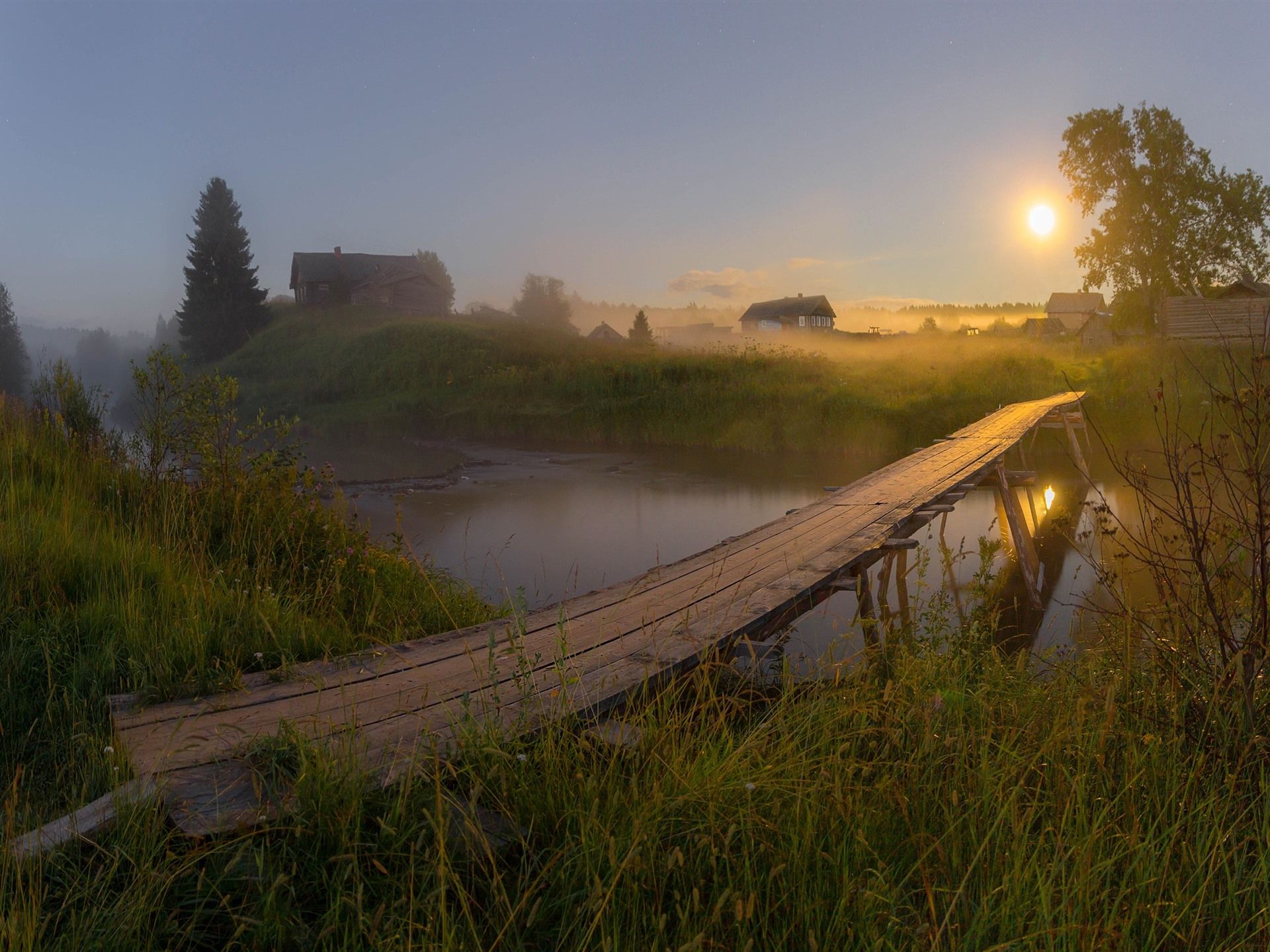 1920x1440 Wallpaper Village, river, wood bridge, grass, house, fog, sun, morning 1920x1440 Picture, Image