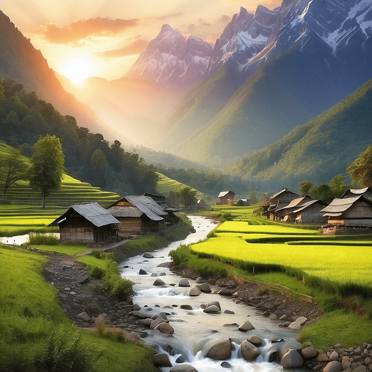 1280x1280 Download Ai Generated River Village. Royalty Free Stock Illustration Image
