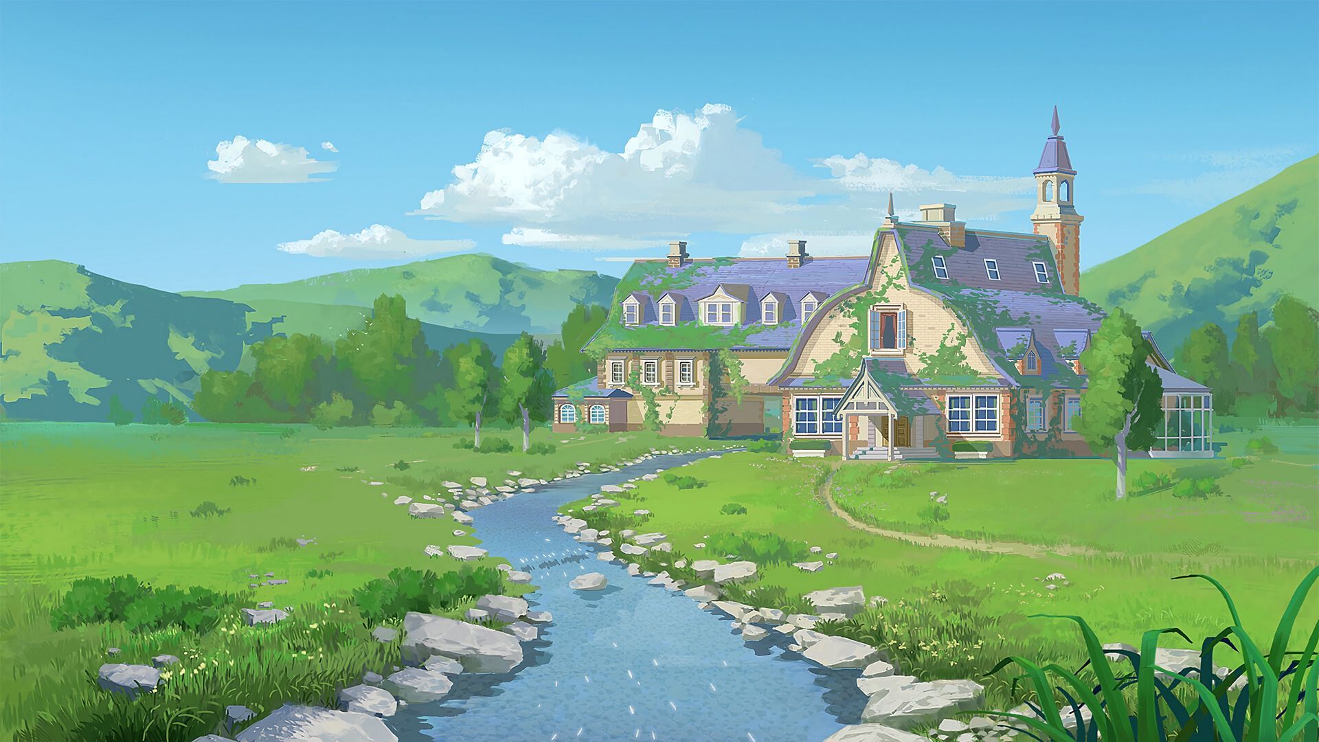 1920x1080 Download wallpaper 1920x1080 house, cottage, river, art full hd, hdtv, fhd, 1080p HD background
