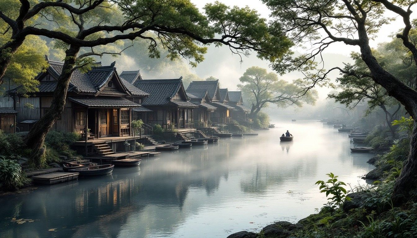 1344x768 Free Quaint riverside village Image, River, Twilight