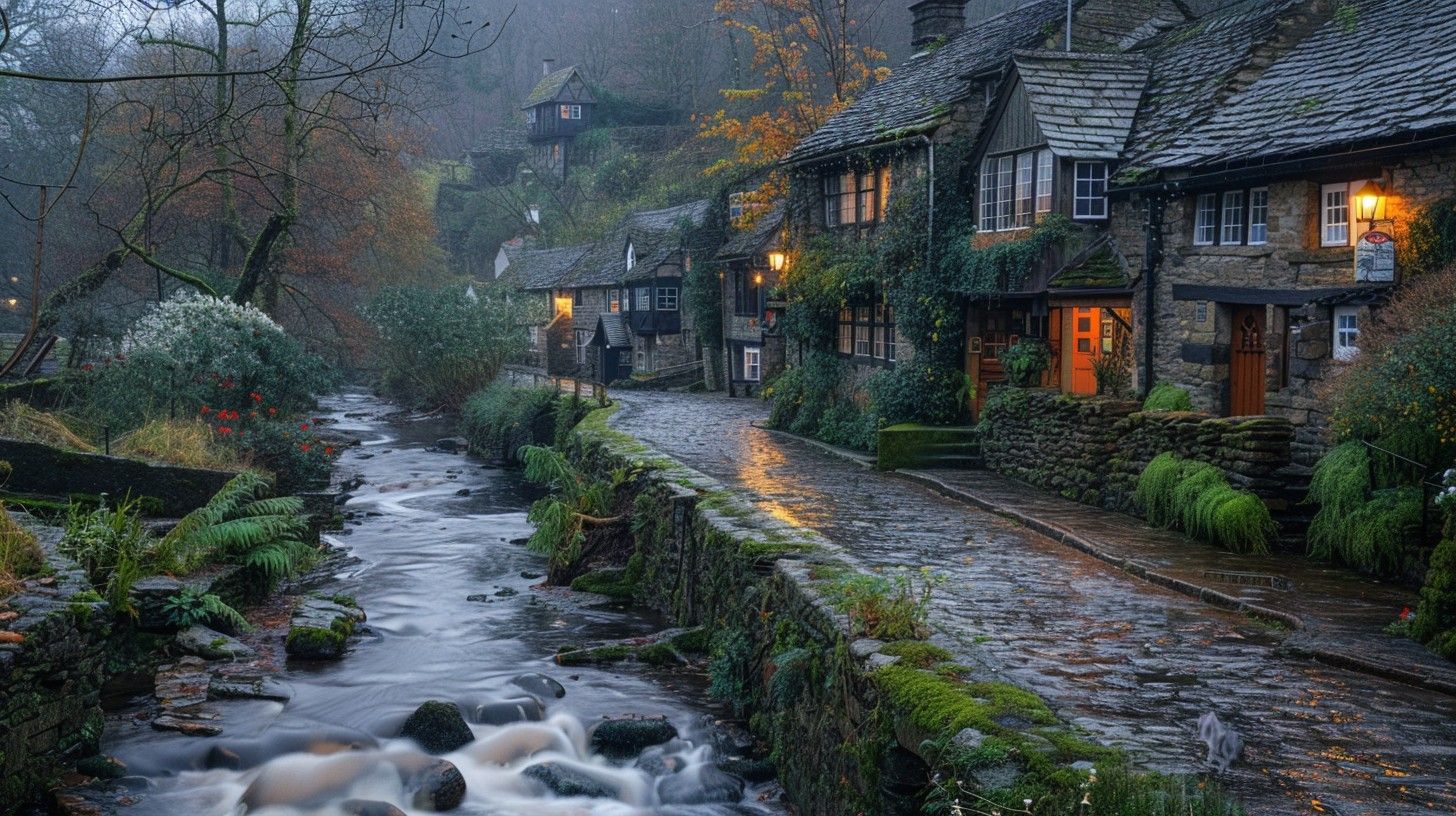 1456x816 Free Quaint riverside village Image, River, Twilight