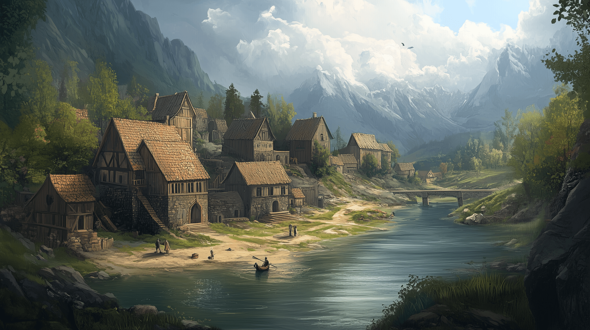 1920x1076 Medieval Village by the River HD Wallpaper with Mountain Scenery