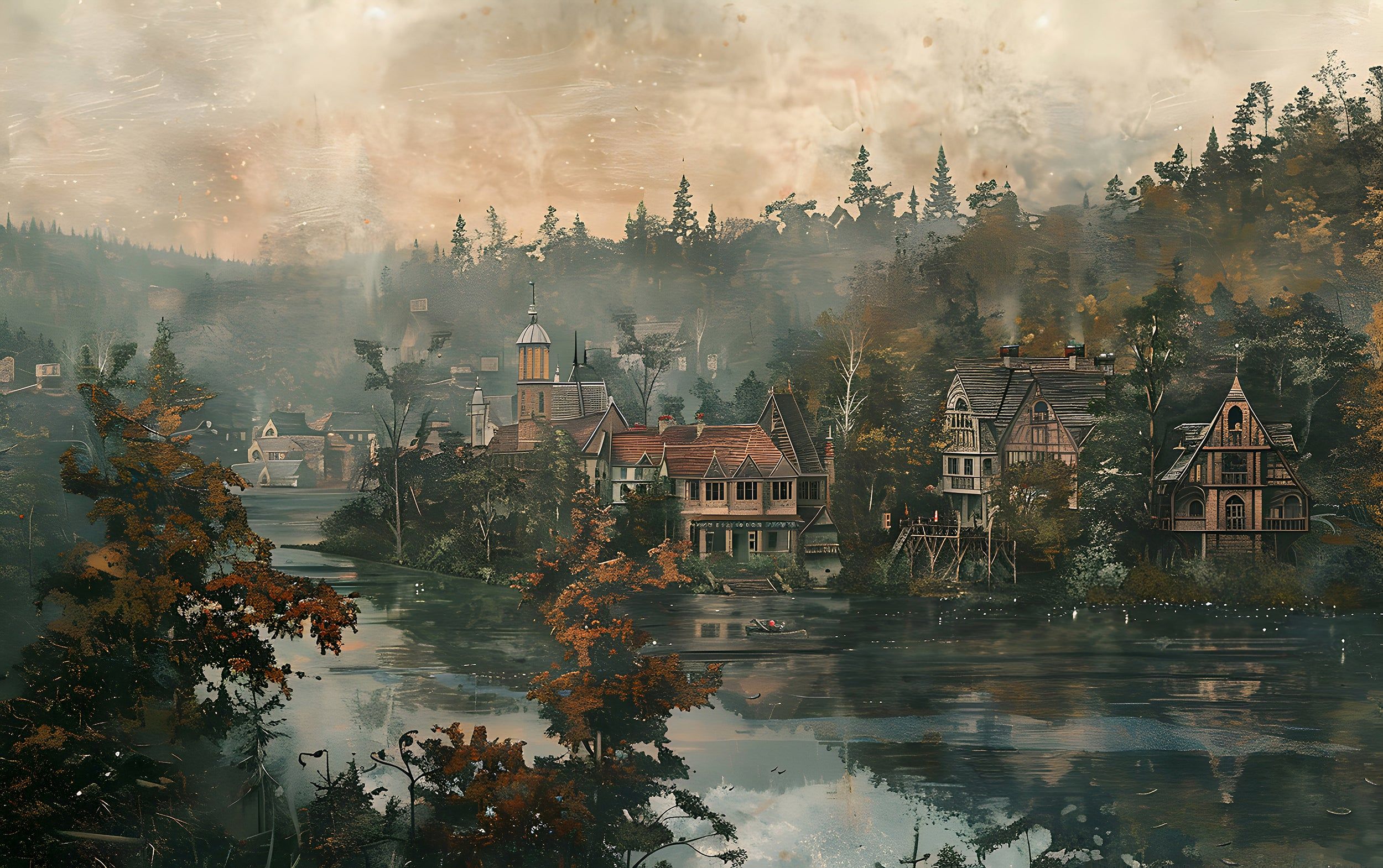 2500x1570 Riverside Town in Old Style Mural, Peel and Stick Village Landscape Vintage Wallpaper, Rustic Classic Nature Mural, Watercolor Forest River