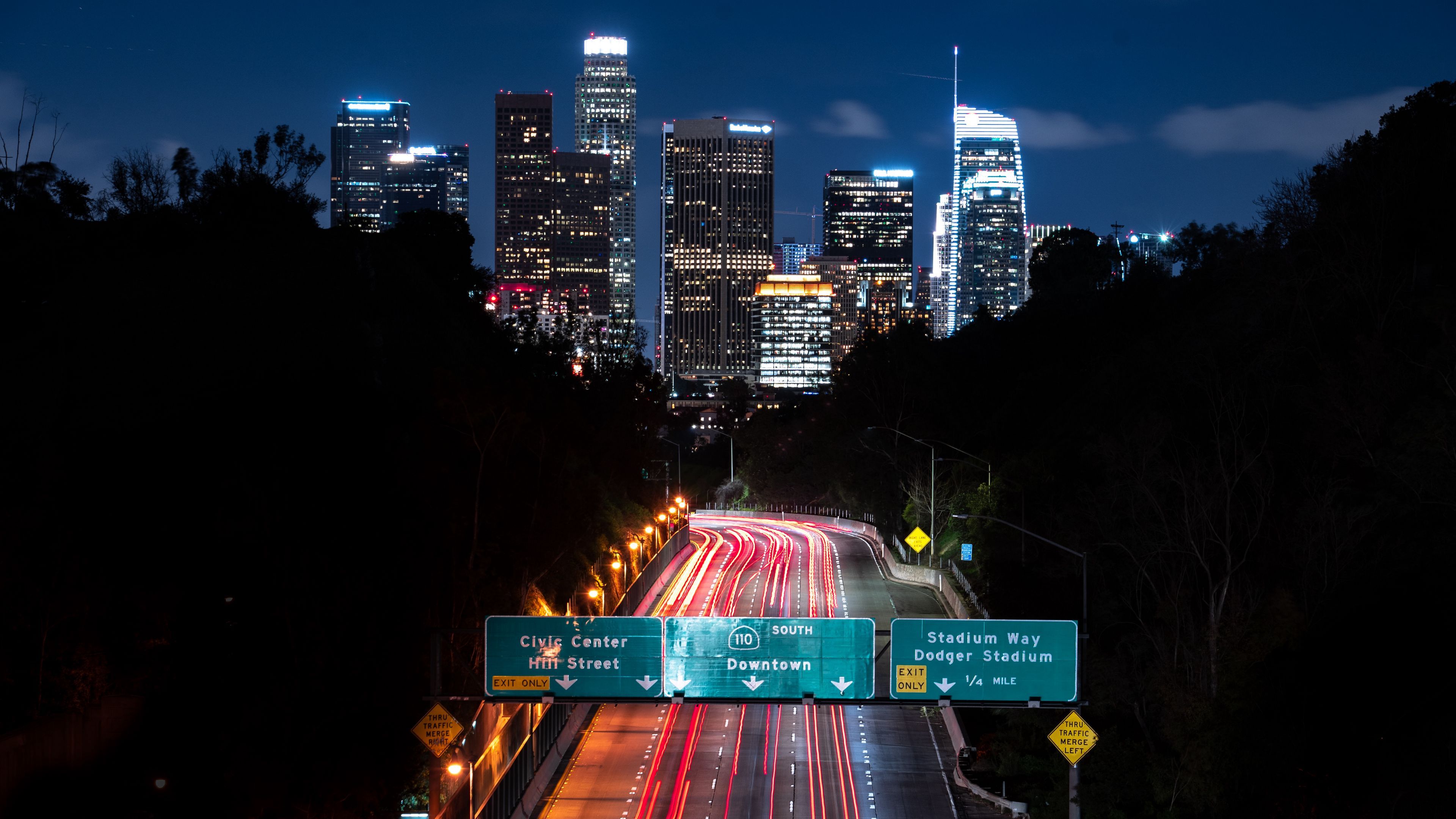 3840x2160 Download wallpaper 3840x2160 night city, long exposure, city lights, road, buildings, los angeles, california 4k uhd 16:9 HD background