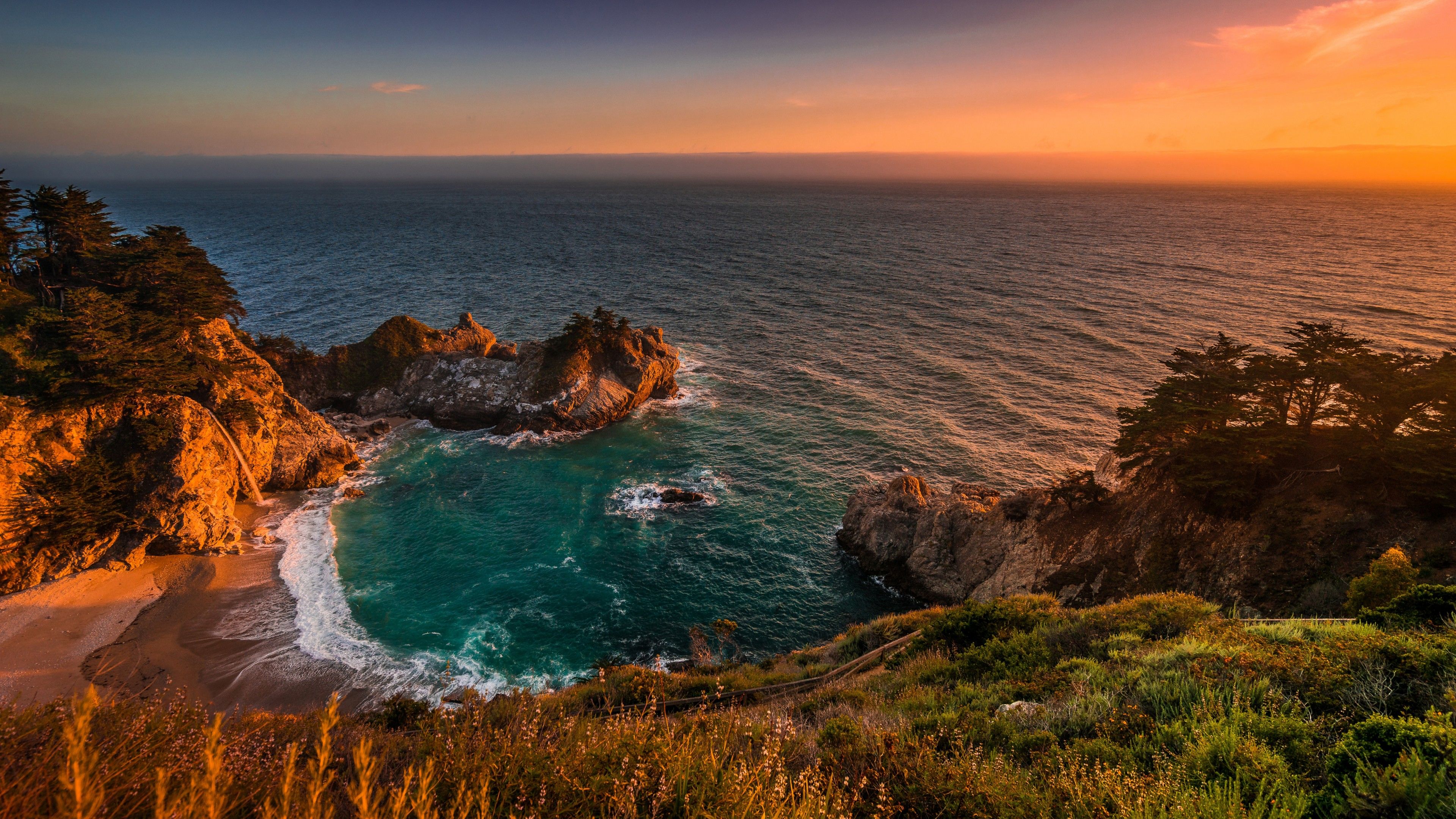 3840x2160 California Coast Julia Pfeiffer Burns State Park McWay Pacific Ocean With Rocks During Sunset 4K 5K HD Nature Wallpaper