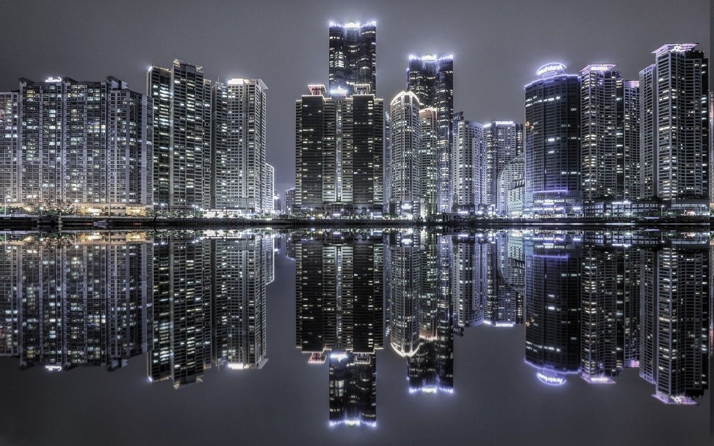 1400x875 landscape, South Korea, Skyscraper, Cityscape, Reflection, Urban, Lights, Night, Building, Architecture, Modern, Water Wallpaper HD / Desktop and Mobile Background