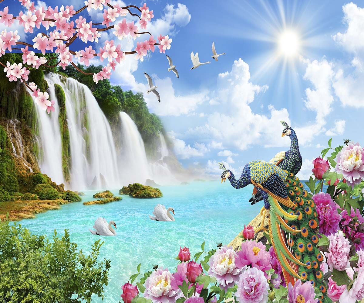 1200x997 Waterfall with Birds and Floral Scenic Wallpaper®