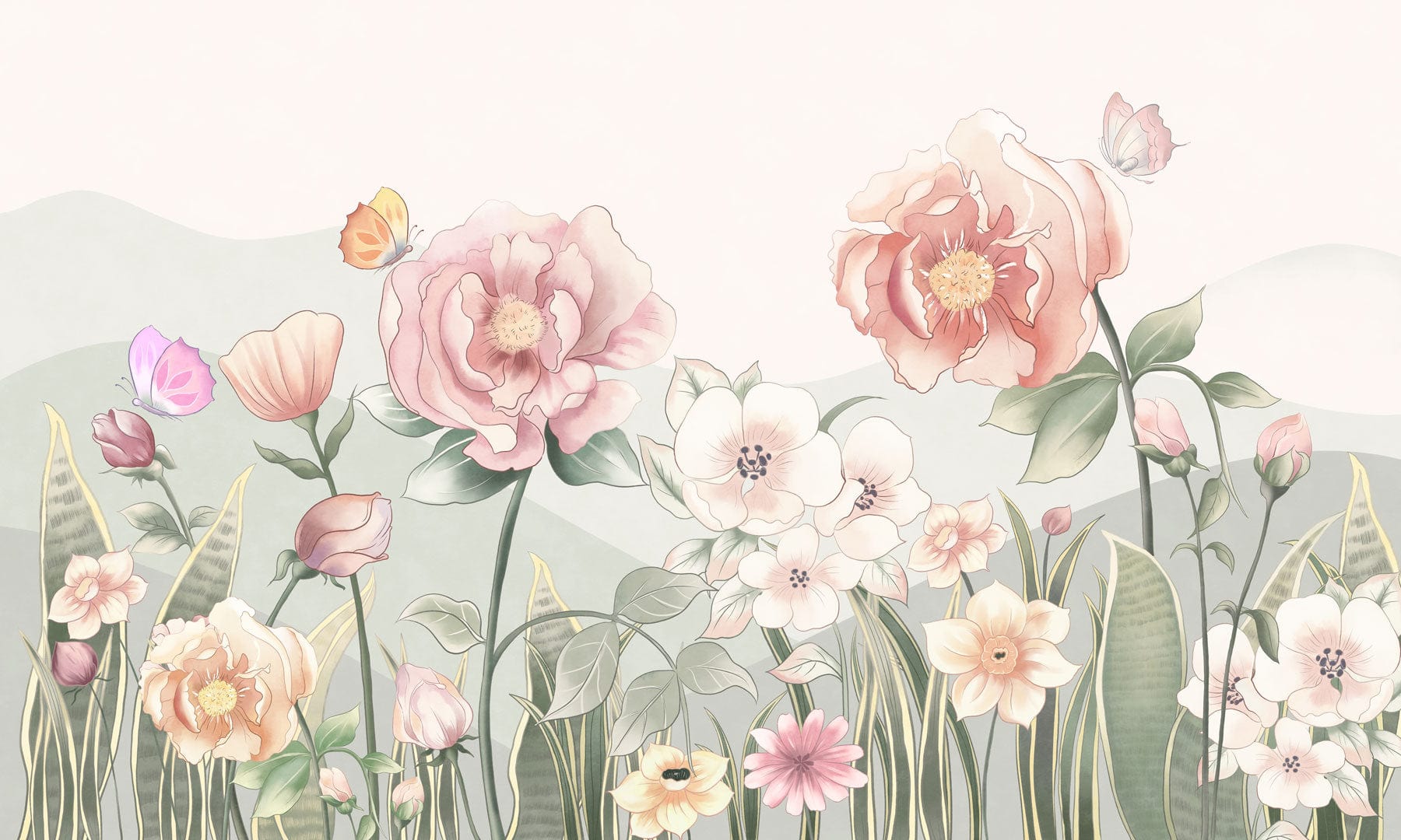 1800x1080 Pastel Blossom Meadow Mural Wallpaper with Butterflies Elegance Design