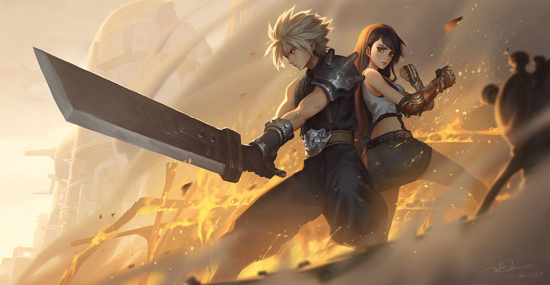 1920x996 Epic Final Fantasy VII Remake HD: Cloud Strife & Tifa Lockhart with Buster Sword by Dao Trong Lex1992