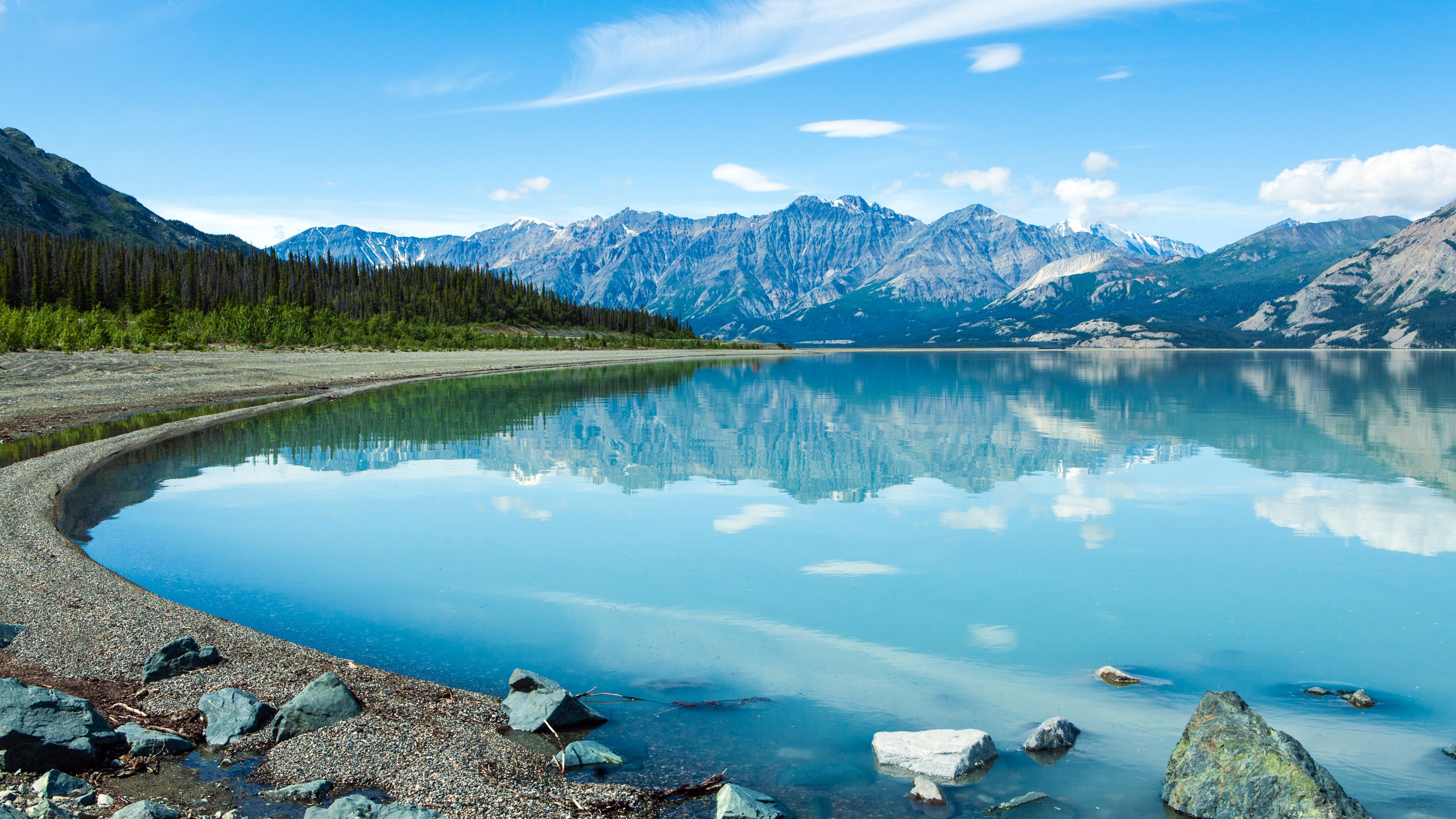 4480x2520 Blue lake Wallpaper 4K, Mountain range, Snow covered