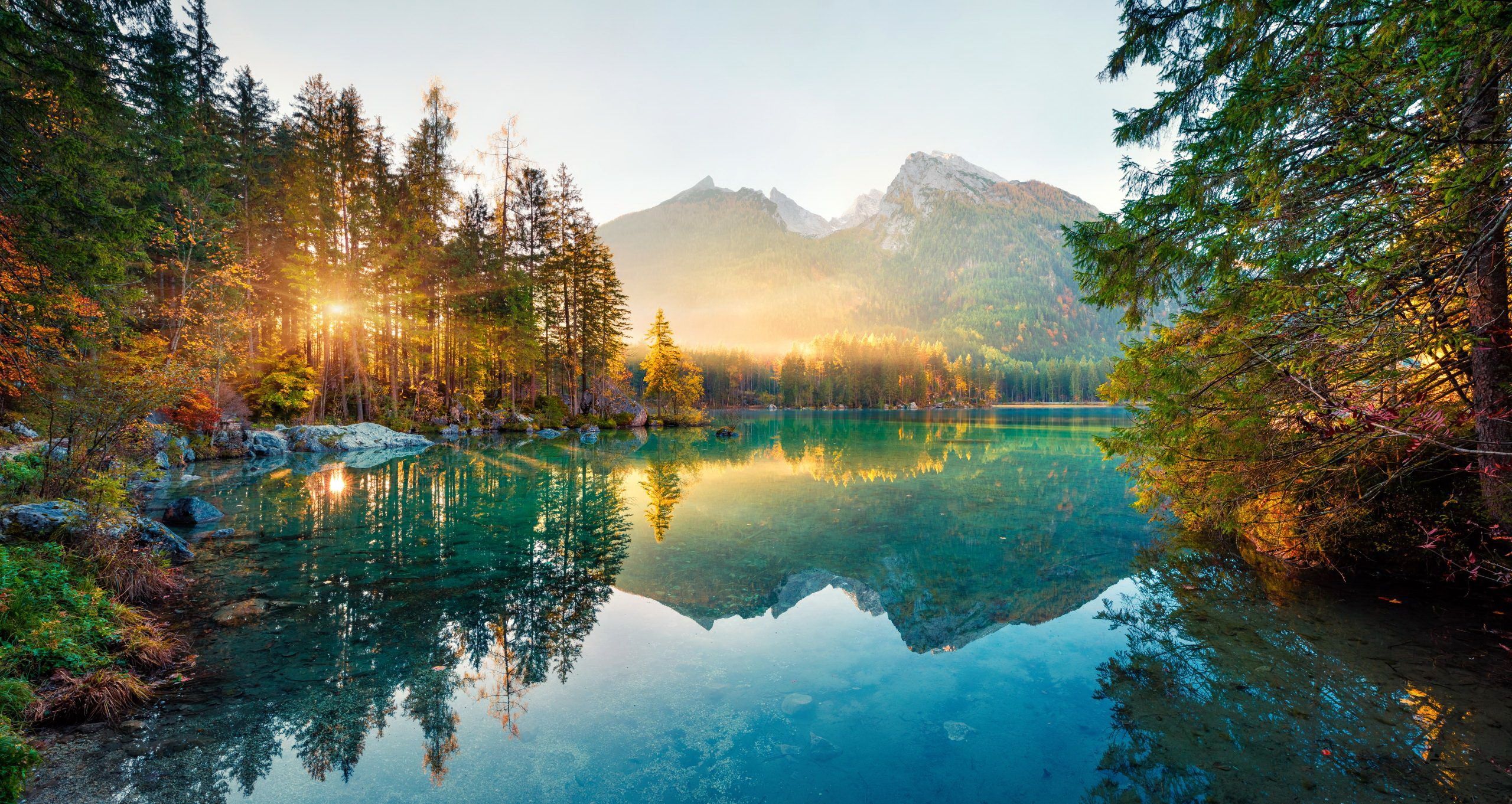 2560x1362 Wallpaper autumn, mountain, lake, sunlight for mobile and desktop, section пейзажи, resolution 2560x1362