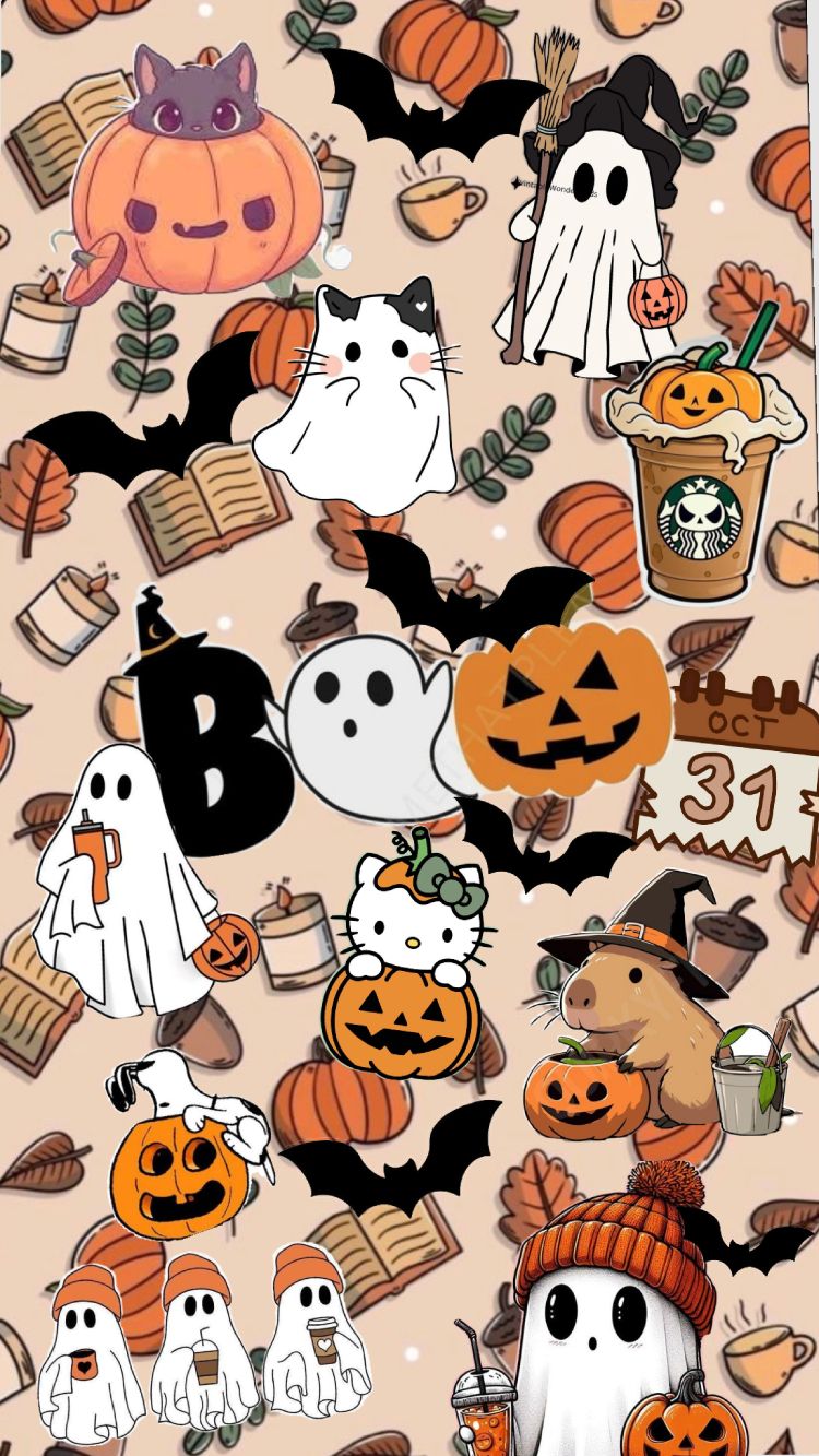 750x1333 Cute Kawaii Ghost and Pumpkin Halloween Aesthetic Wallpaper for iPhone
