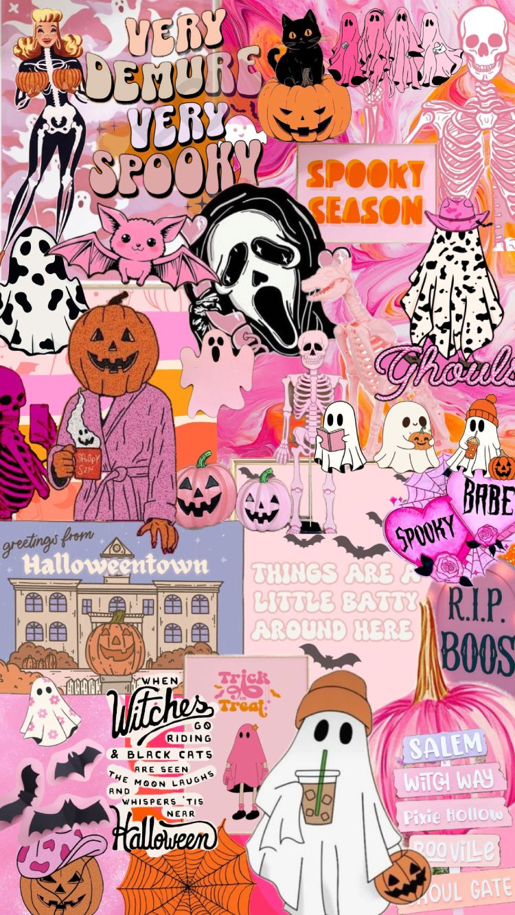 750x1333 Ghost & Skeleton Aesthetic Pink Halloween Collage Phone Wallpaper