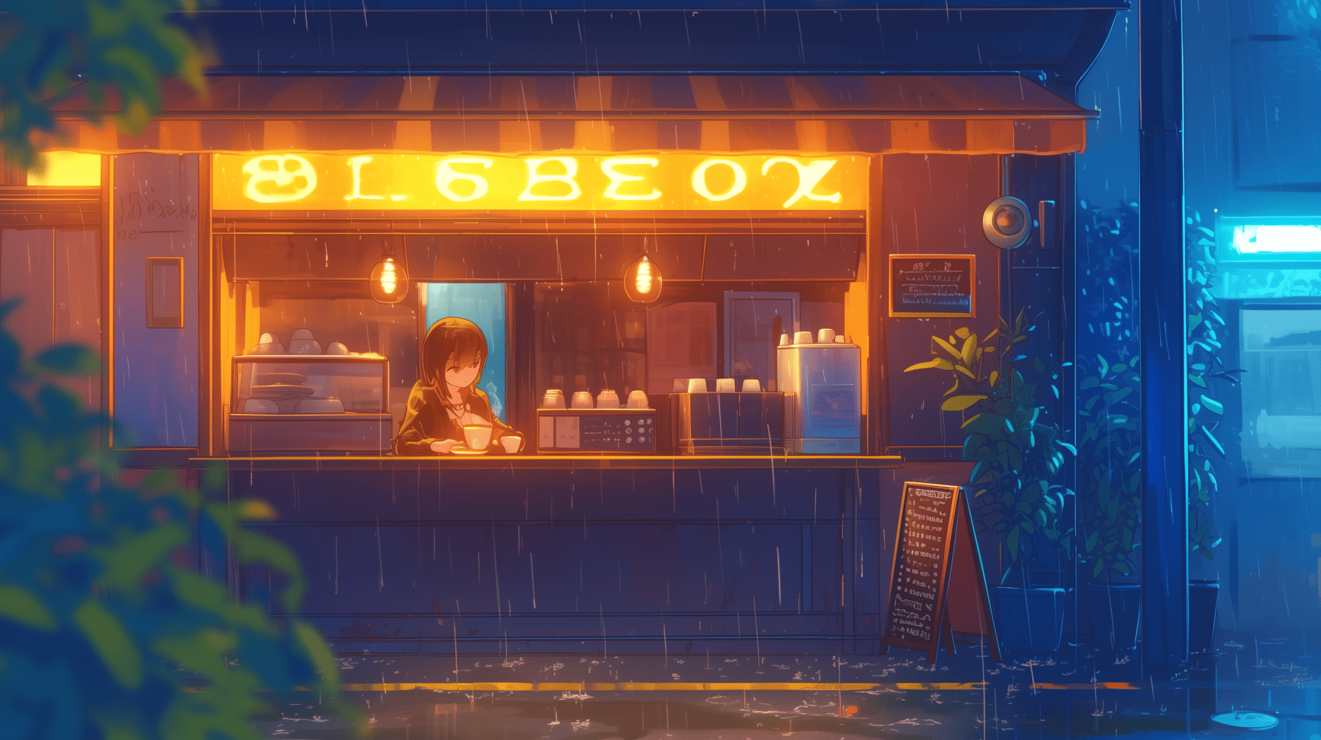 1920x1076 HD Wallpaper: Cozy Lofi Anime Coffee Shop in the Rain