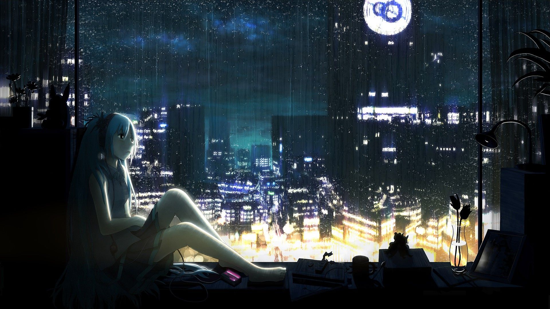 1920x1080 women, Hatsune Miku, City, Music, Rain Wallpaper HD / Desktop and Mobile Background