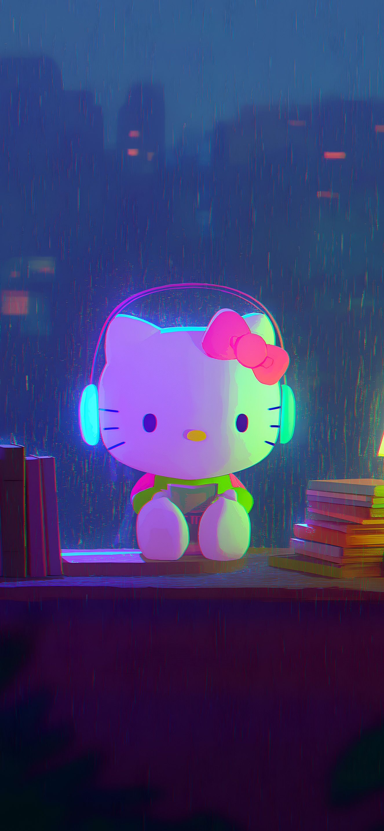 1326x2868 Neon Rain Hello Kitty Lofi Study Chill Aesthetic Wallpaper iPhone