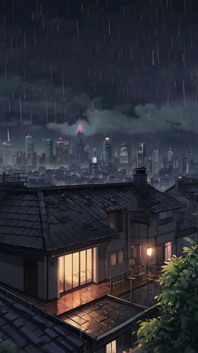 674x1200 An Anime Style Video With A Relaxing, Chill Atmosphere, Focusing On A Rooftop During A Rainy Night