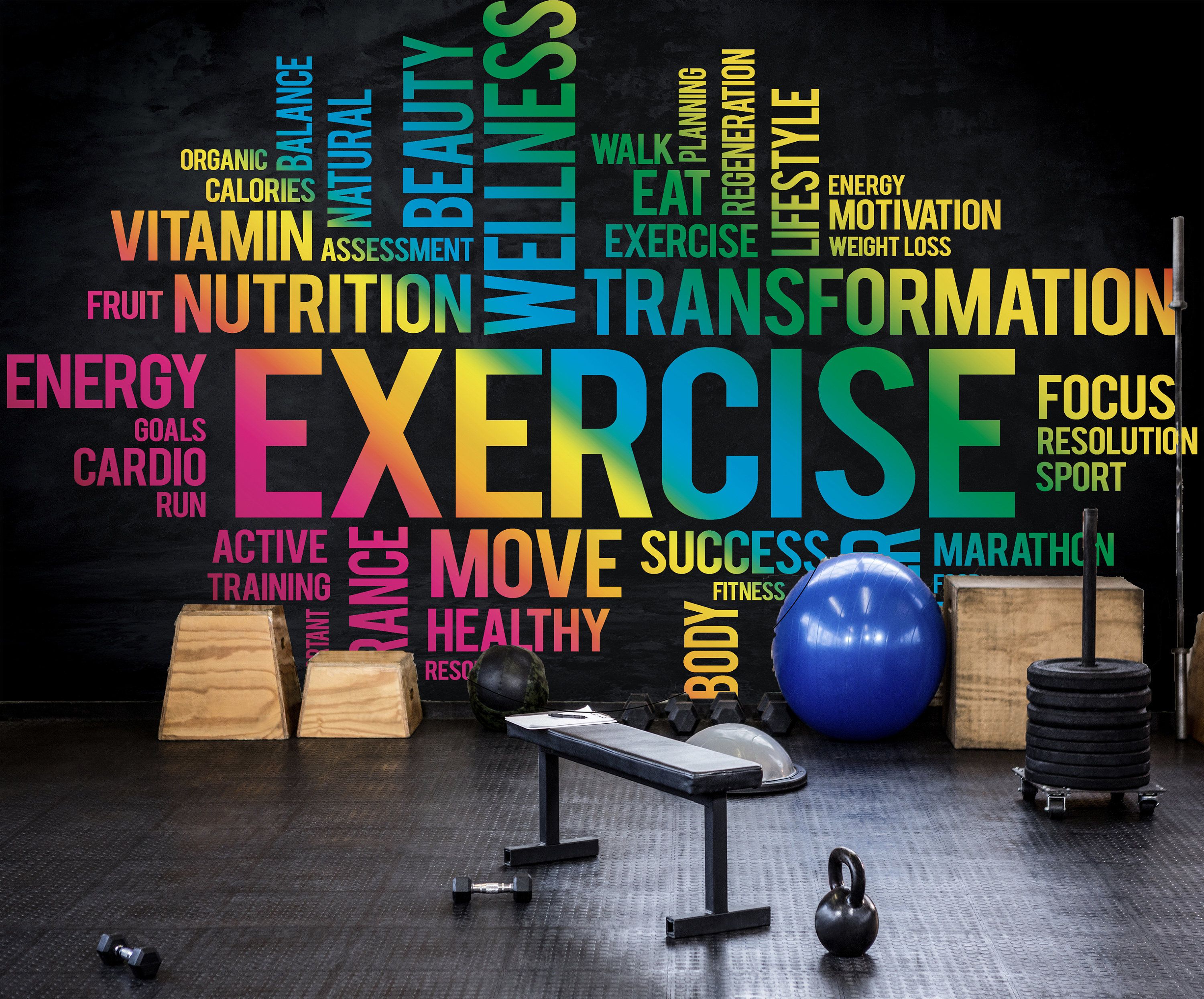 3000x2489 Gym Center Wallpaper Peel And Stick, Fitness Word Cloud Mural, Body Building Wall Decor, Dumbbell And Weight Lifting Wallpaper Self Adhesive