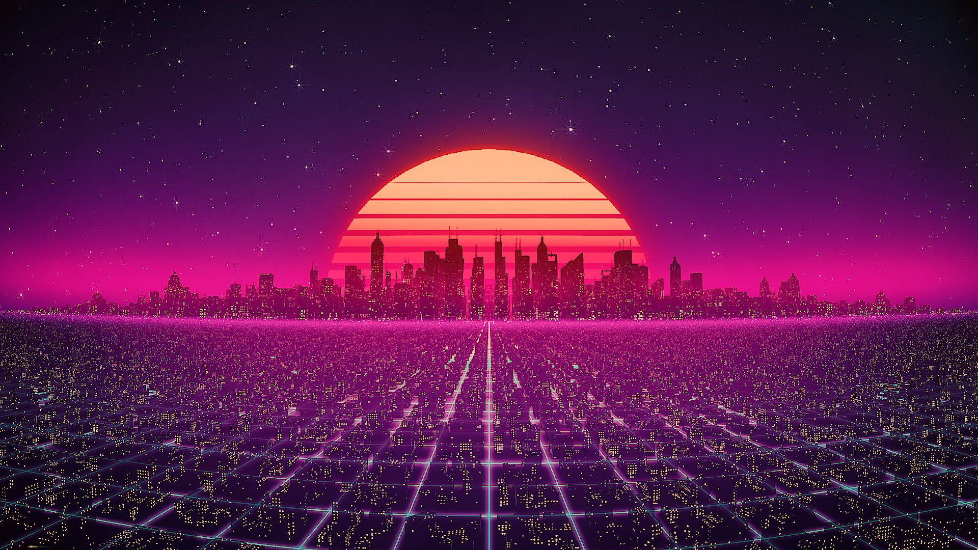 1920x1080 Landscape View Of City Buildings In Dark Purple Starry Sky Background HD Synthwave Wallpaper