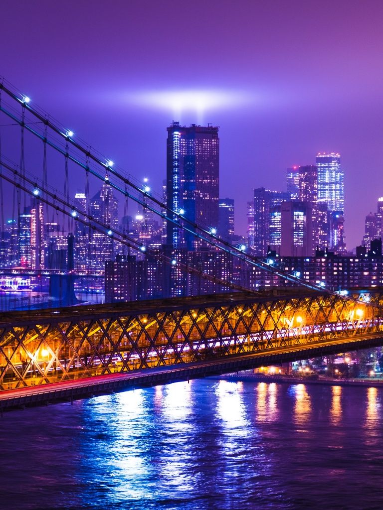 768x1024 New York City Wallpaper 4K, Purple aesthetic, Night