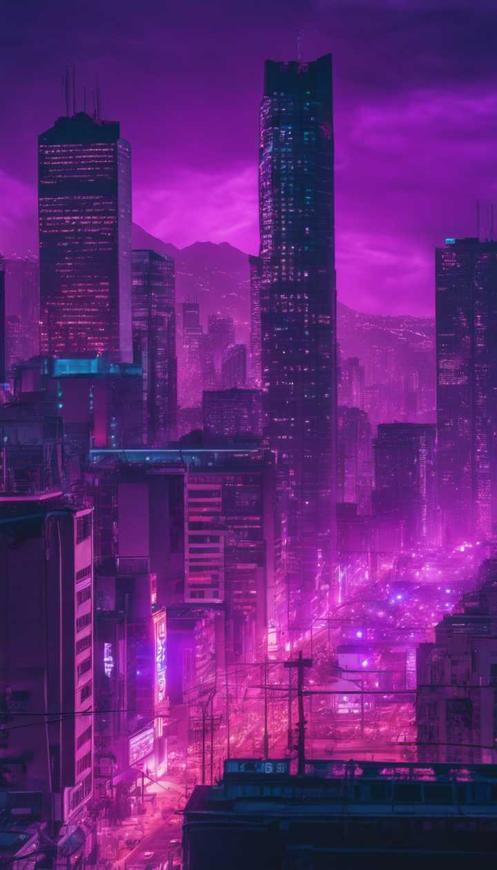 720x1260 A city skyline bathed in neon purple light from dusk to dawn. Wallpaper [a4341c85ef984cd8adb0]