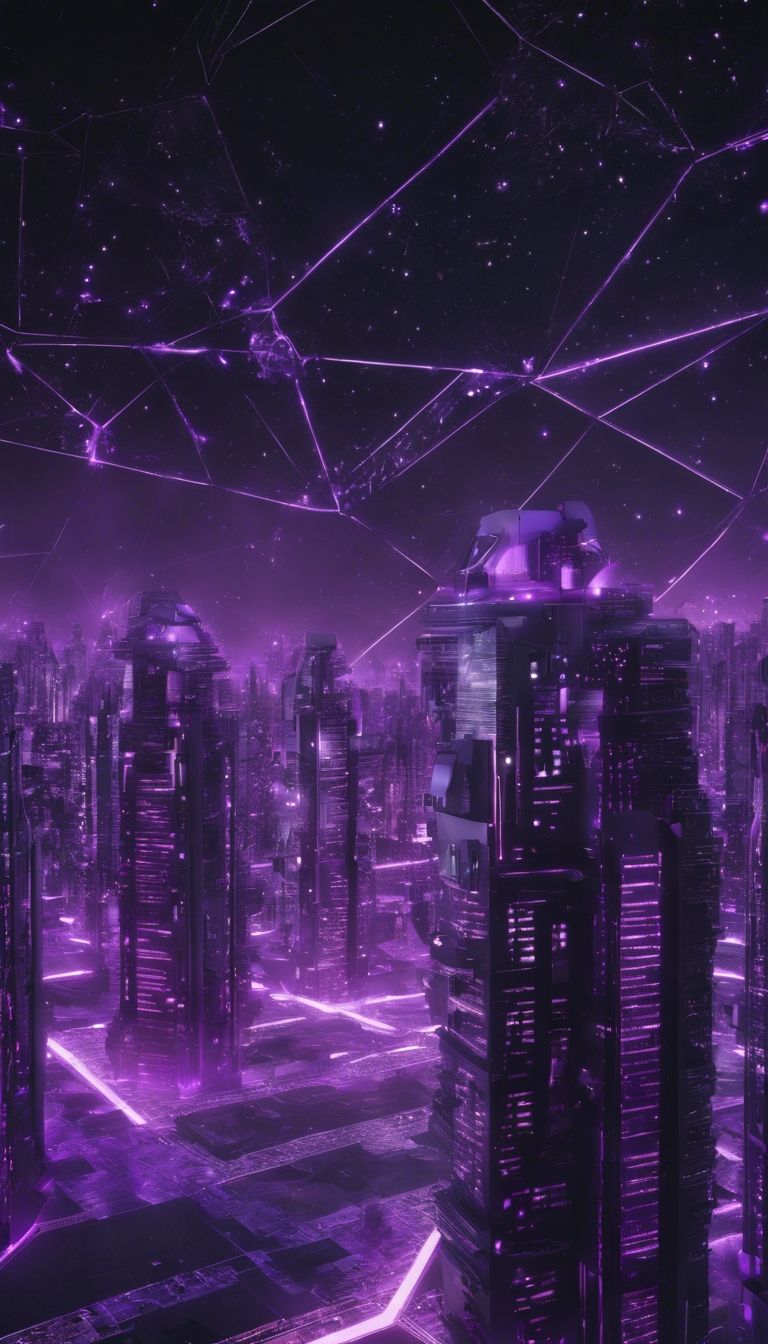 768x1344 A futuristic city with purple geometric architecture against a black starry sky. Wallpaper [6042293c16bf4eacab5c]