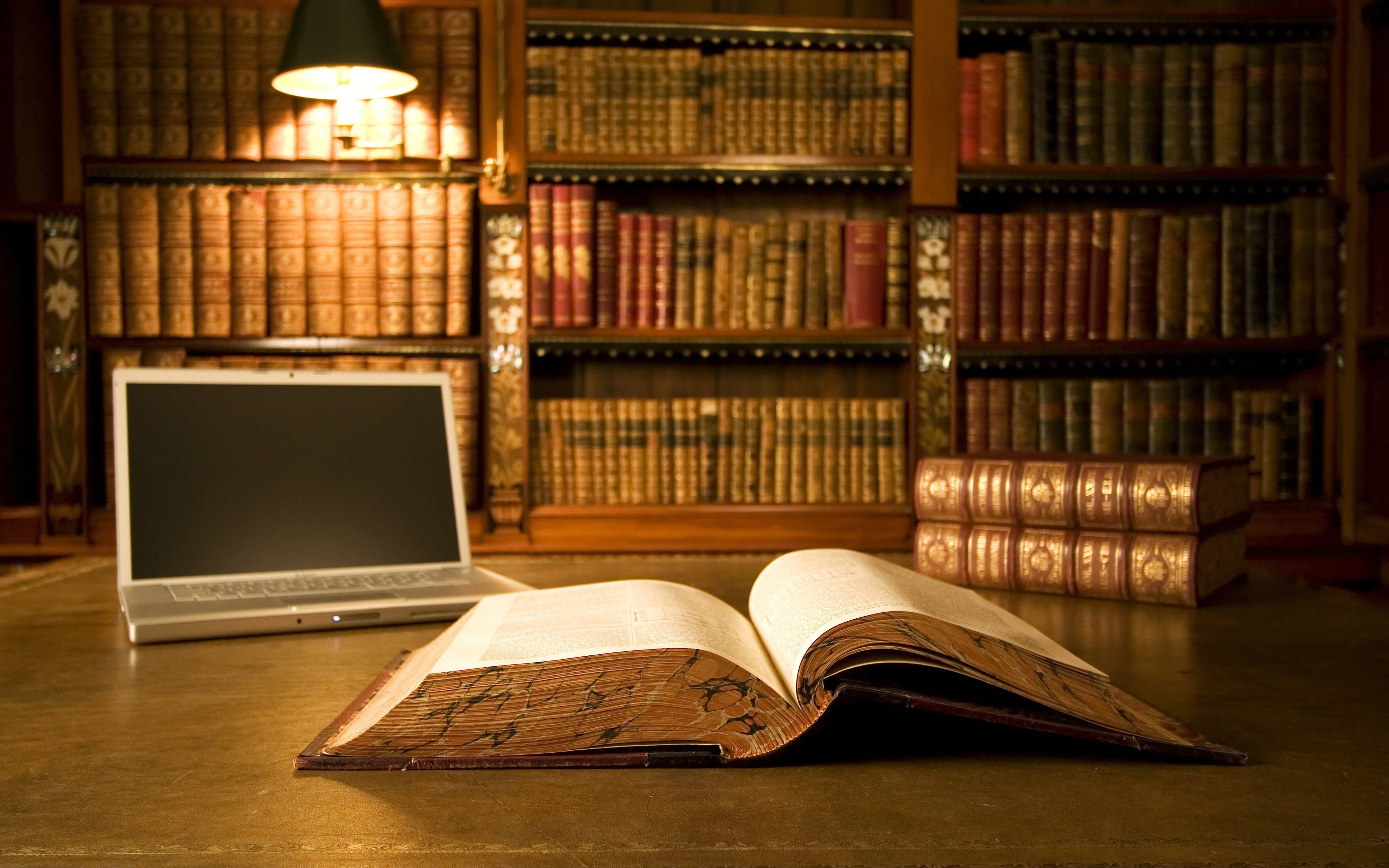 3840x2400 library, Books, Laptop, Table Wallpaper HD / Desktop and Mobile Background