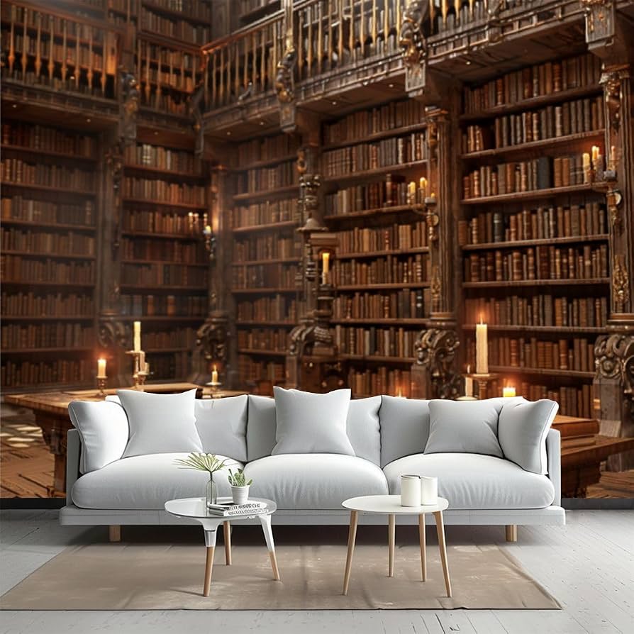 894x894 GAROLINAPW Vintage Wallpaper Grand Wooden Library Towering Bookshelves 3D Rendering Wall Mural Peel and Stick Canvas Art Wall Mural Decor Self- Adhesive Wallpaper for Bedroom Living Room
