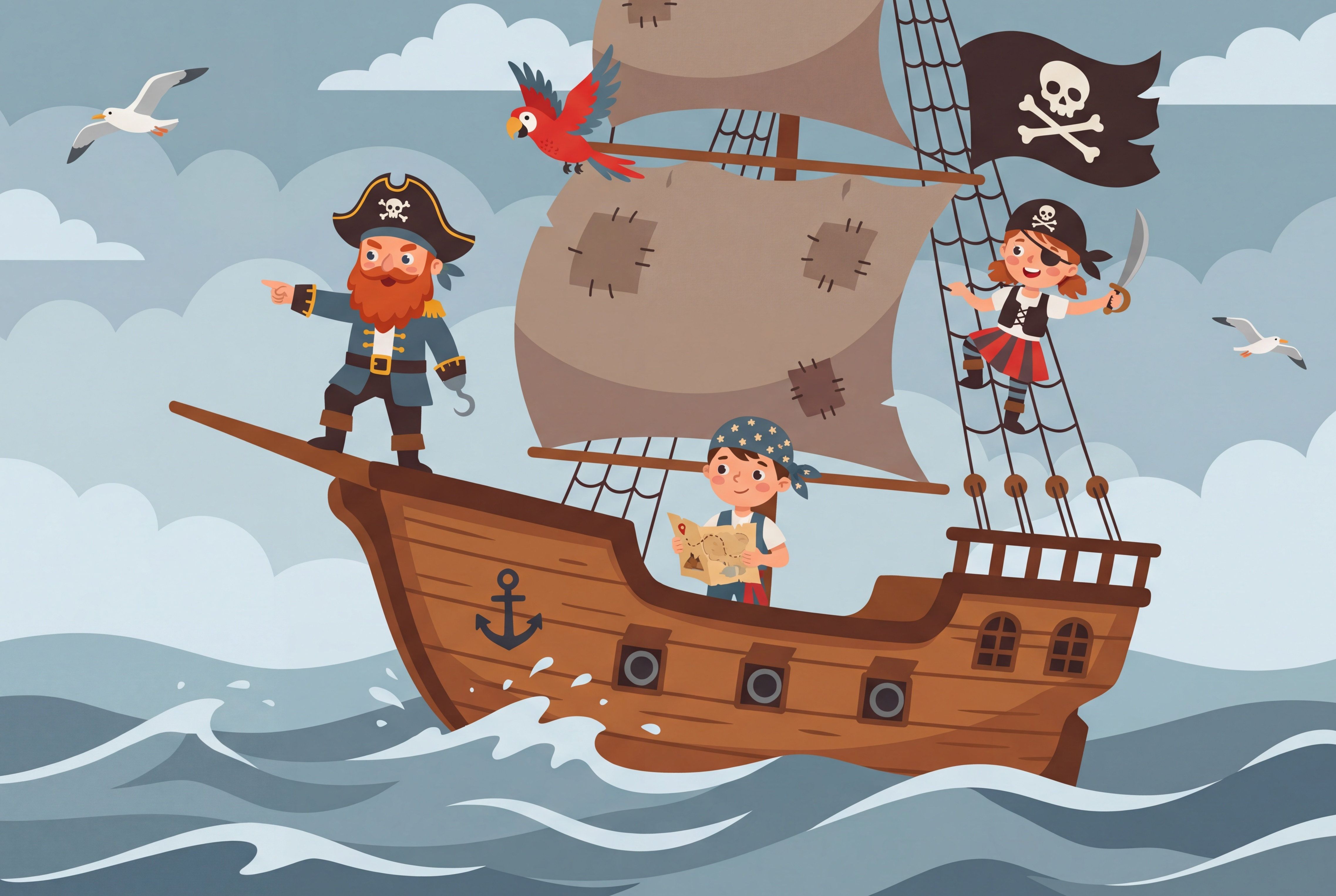 4550x3052 Lark Manor™ Pirate Ship Wallpaper Ocean Waves Cartoon Illustration Wall Mural