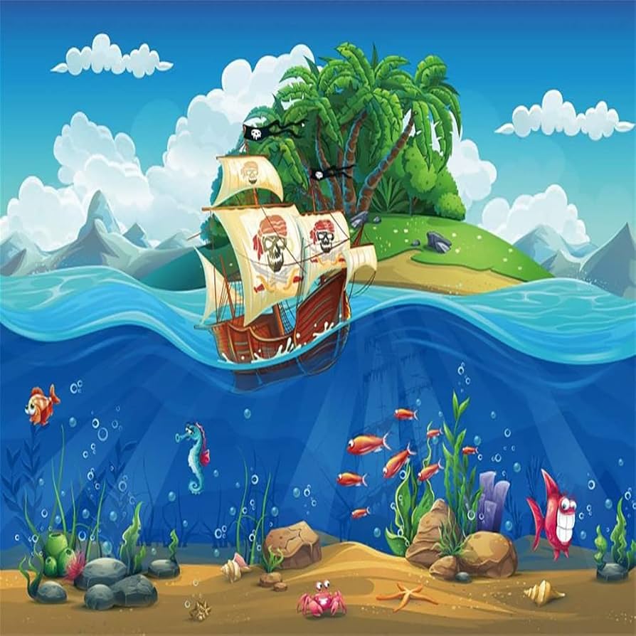 894x894 Amazon.com : AOFOTO 10x10ft Cartoon Pirate Ship Underwater World Backdrop Fantasy Seaworld Fishes Plants Tropical Island Photography Background Summer Party Decor Kid Birthday Banner Wallpaper Photo Studio Props