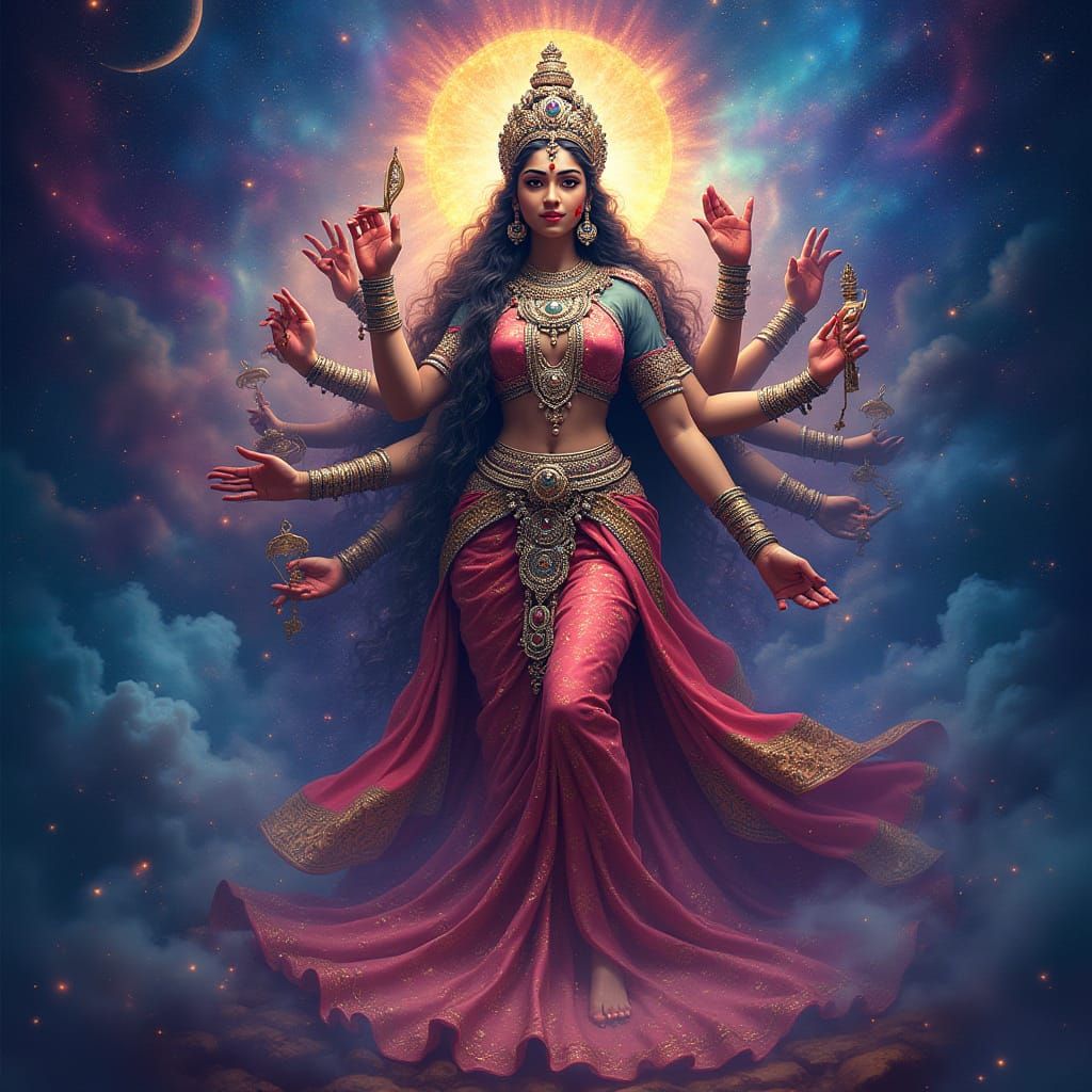1024x1024 Goddess Lalita Tripura Sundari as Rajarajeshwari in her full majesty 8k resolution holographic astral cosmic illustration mixed media