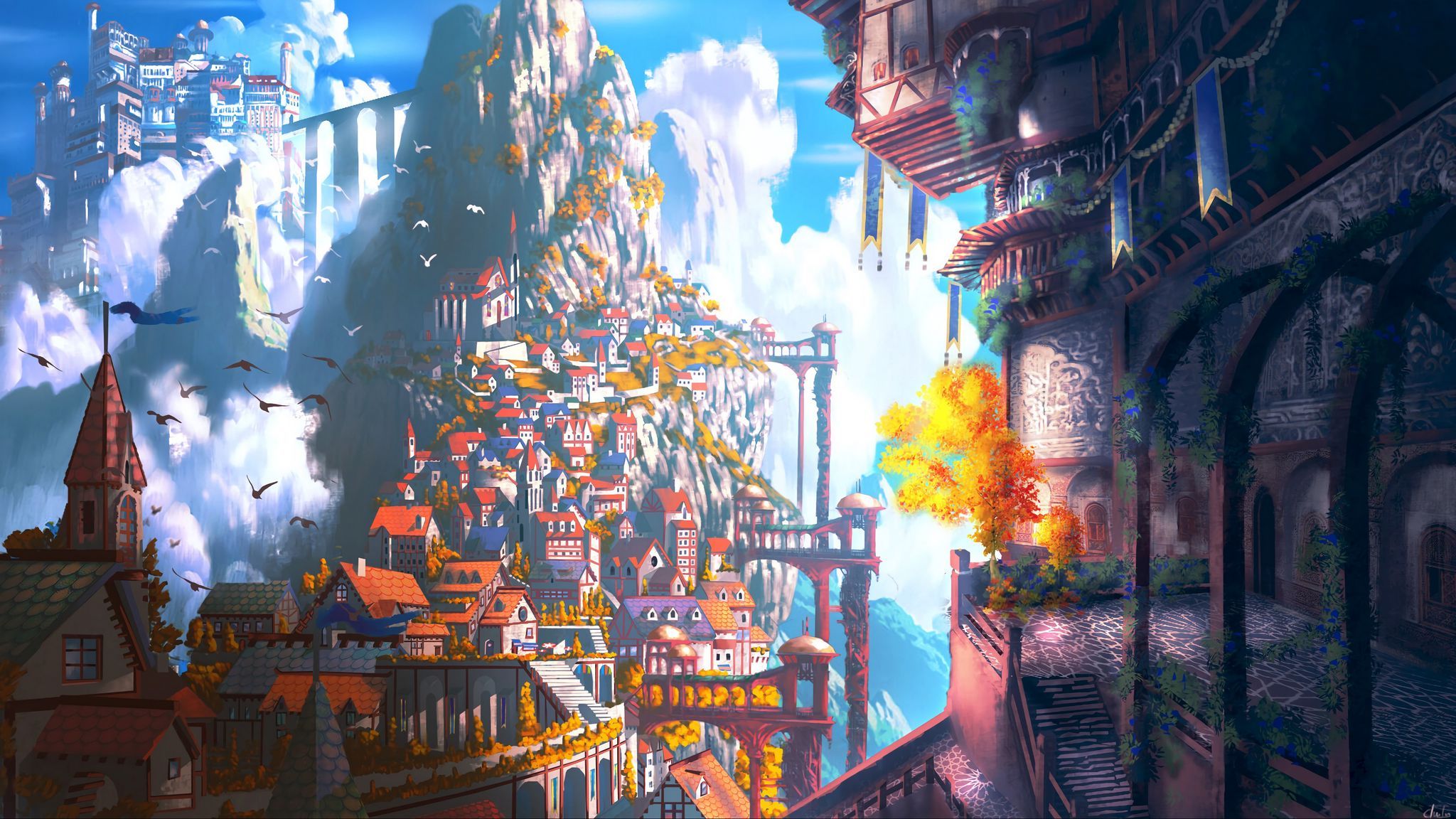 2048x1152 Download wallpaper 2048x1152 city, fantasy, castle, art ultrawide monitor HD background