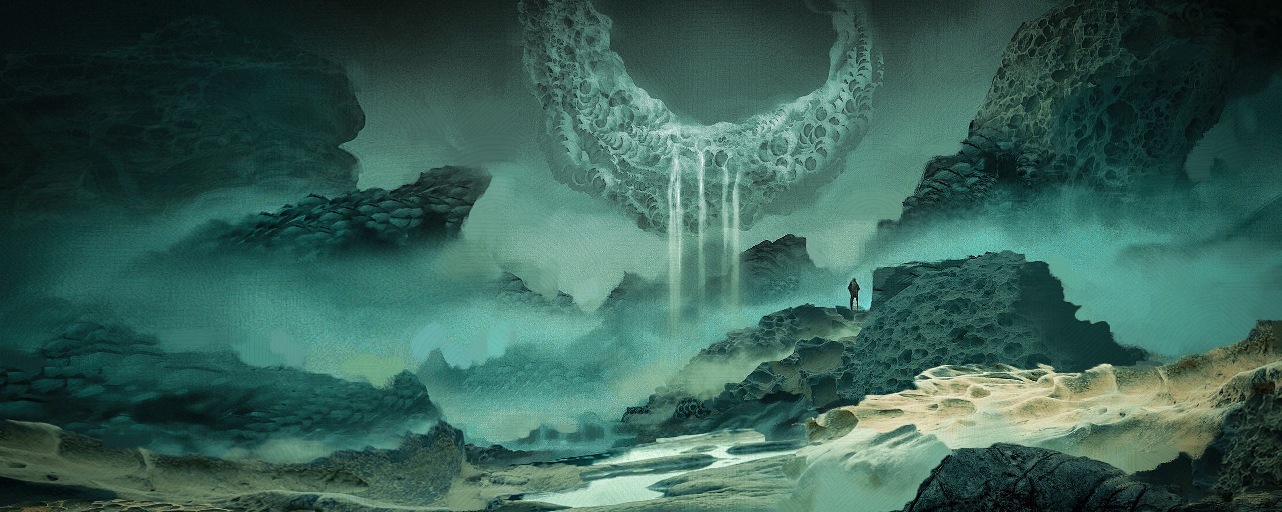 2560x1024 Download wallpaper 2560x1024 silhouette, fantasy, rocks, landscape, cave, art ultrawide monitor HD background