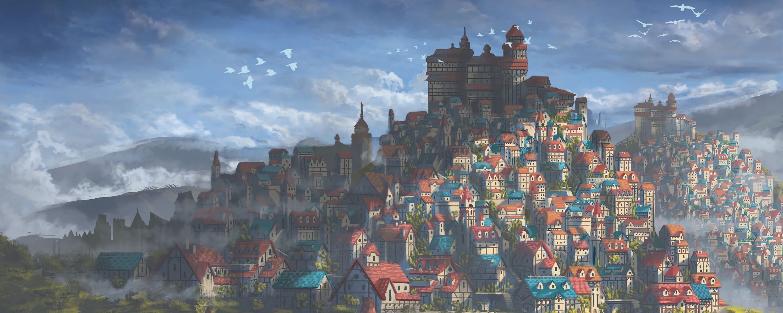 2560x1024 Download wallpaper 2560x1024 castle, city, fantasy, art ultrawide monitor HD background