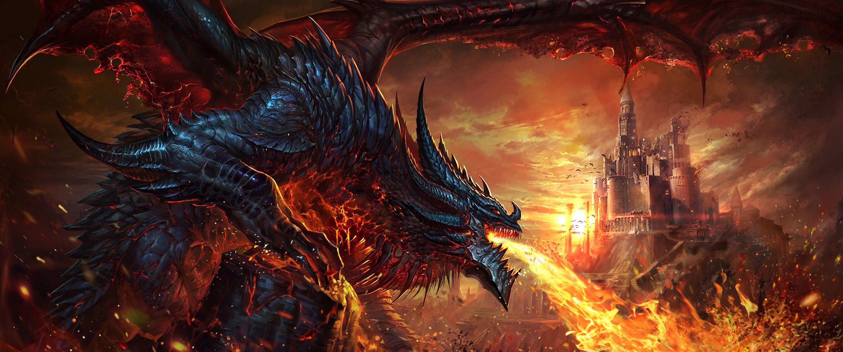 3440x1440 Dragon Fire Breath Fantasy 4K Wallpaper HD