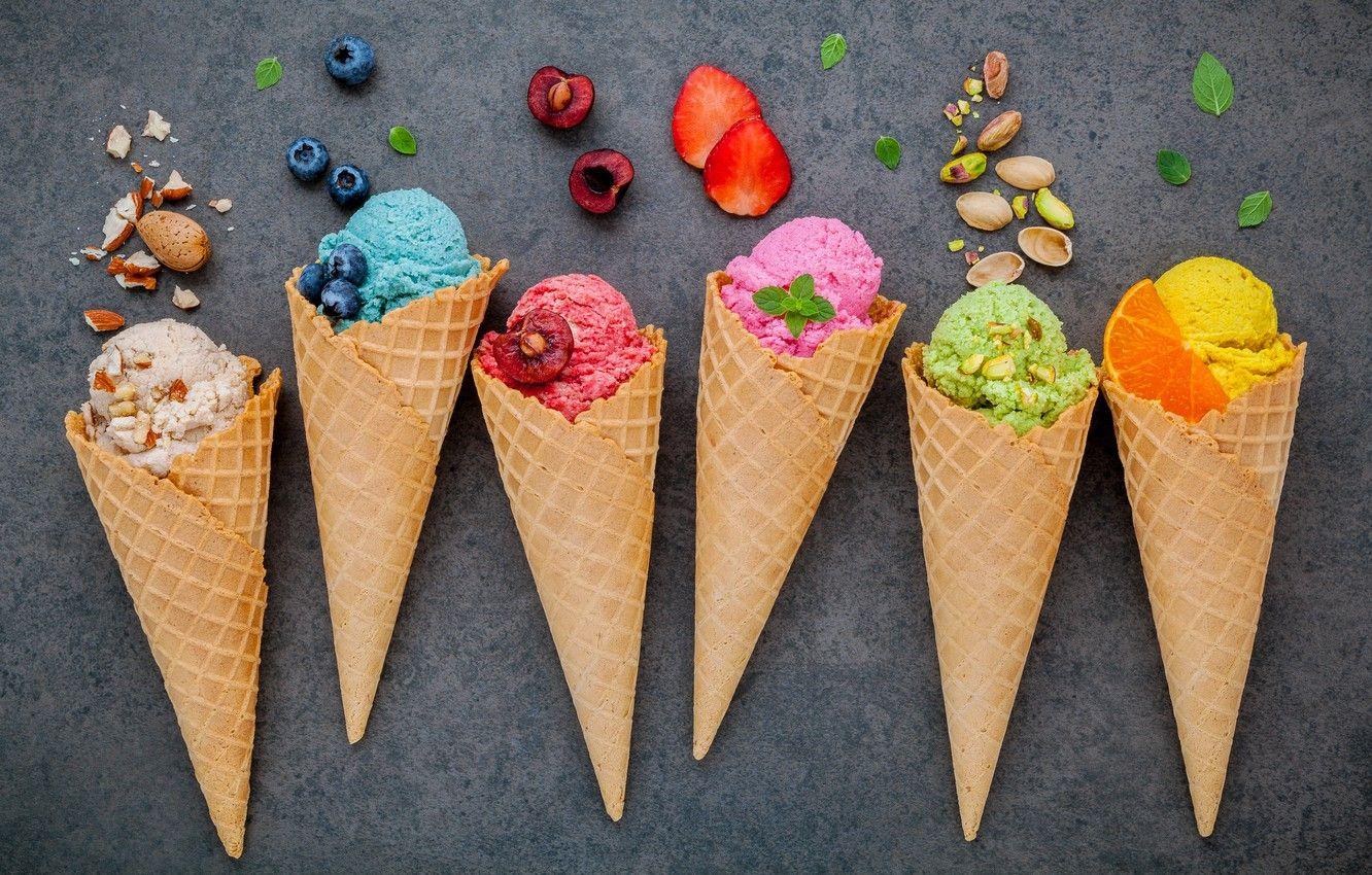 1332x850 Wallpaper berries, colorful, ice cream, fruit, horn, fruit
