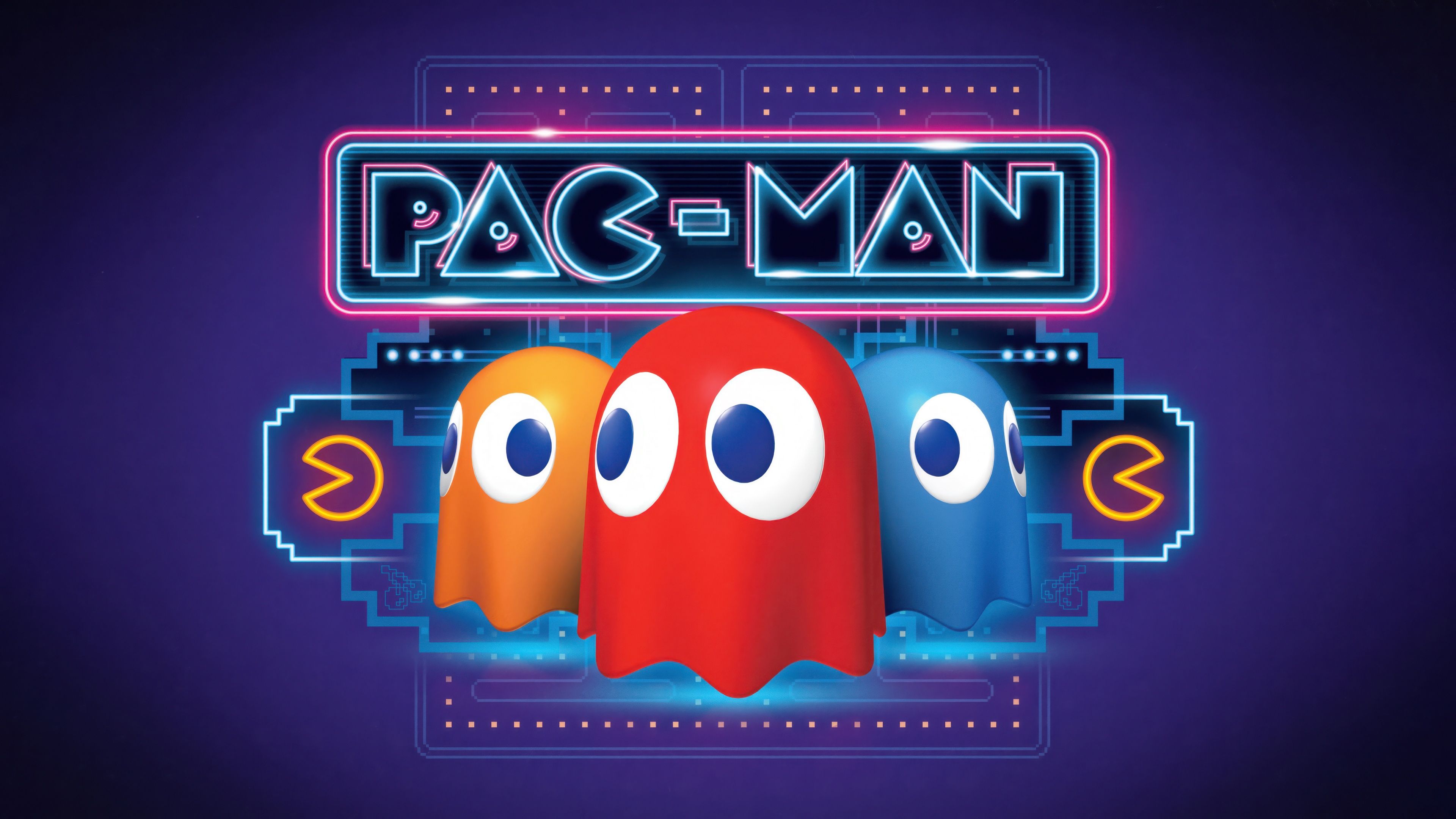 3840x2160 Pac Man Wallpaper 4K, Ghosts, Neon Background, 5K