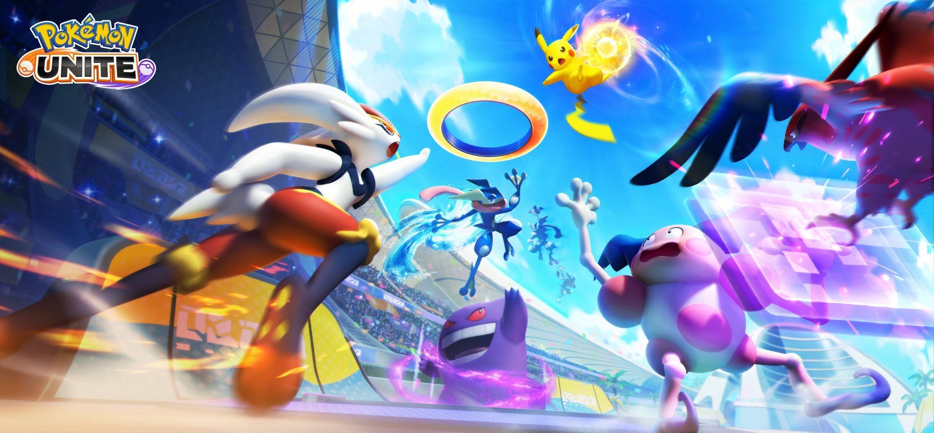 1920x890 Pokémon UNITE 4K: Cinderace, Greninja, Gengar, Mr. Mime & Pikachu Arenax2400