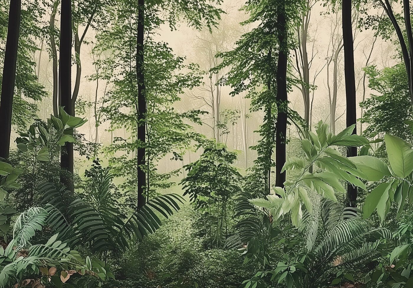 1400x976 Deep Tropical Forest in Fog Wallpaper. Foliage Jungle Style
