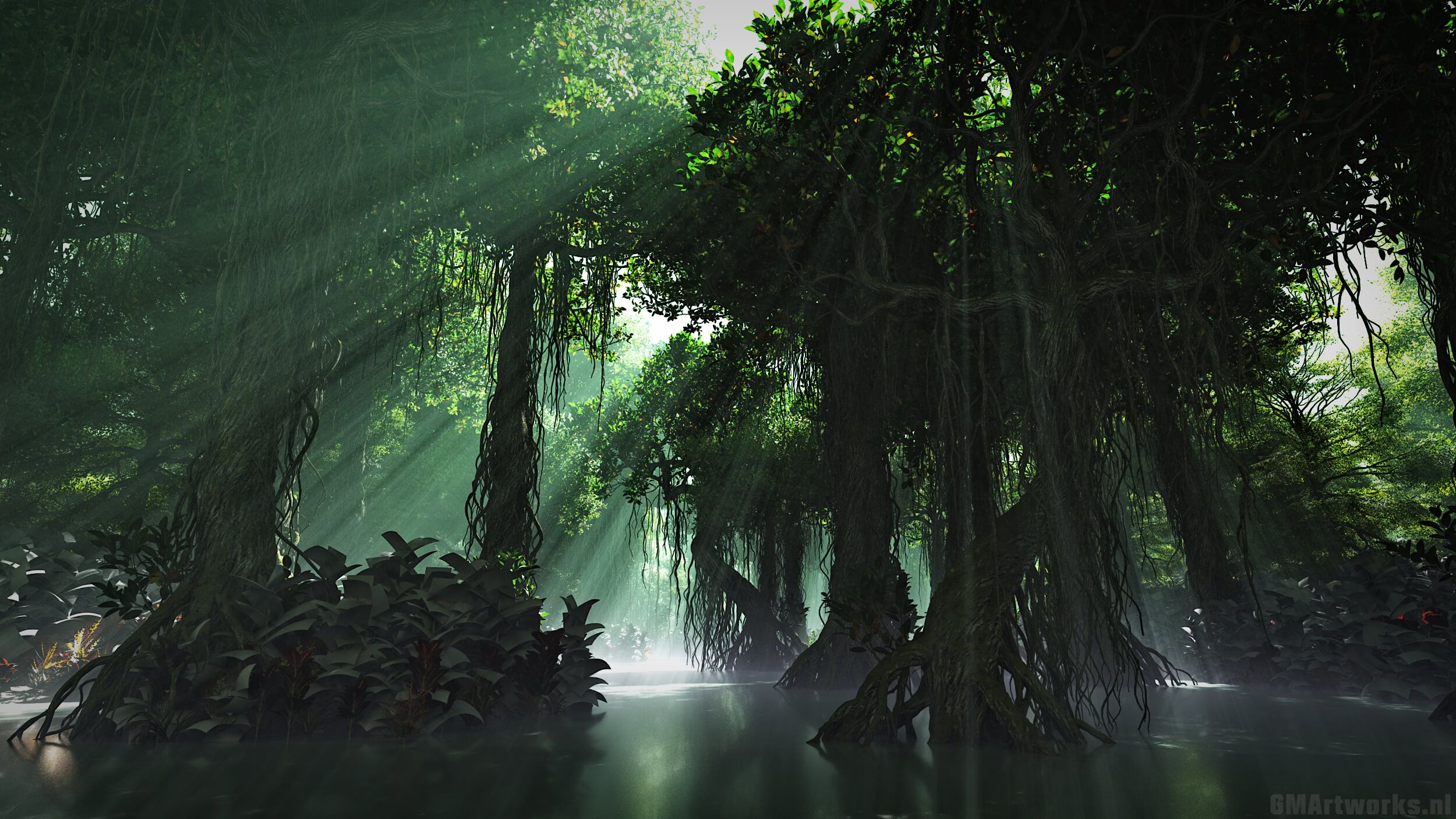2500x1406 Deep in the mangrove jungle 3D Render, Digital Art
